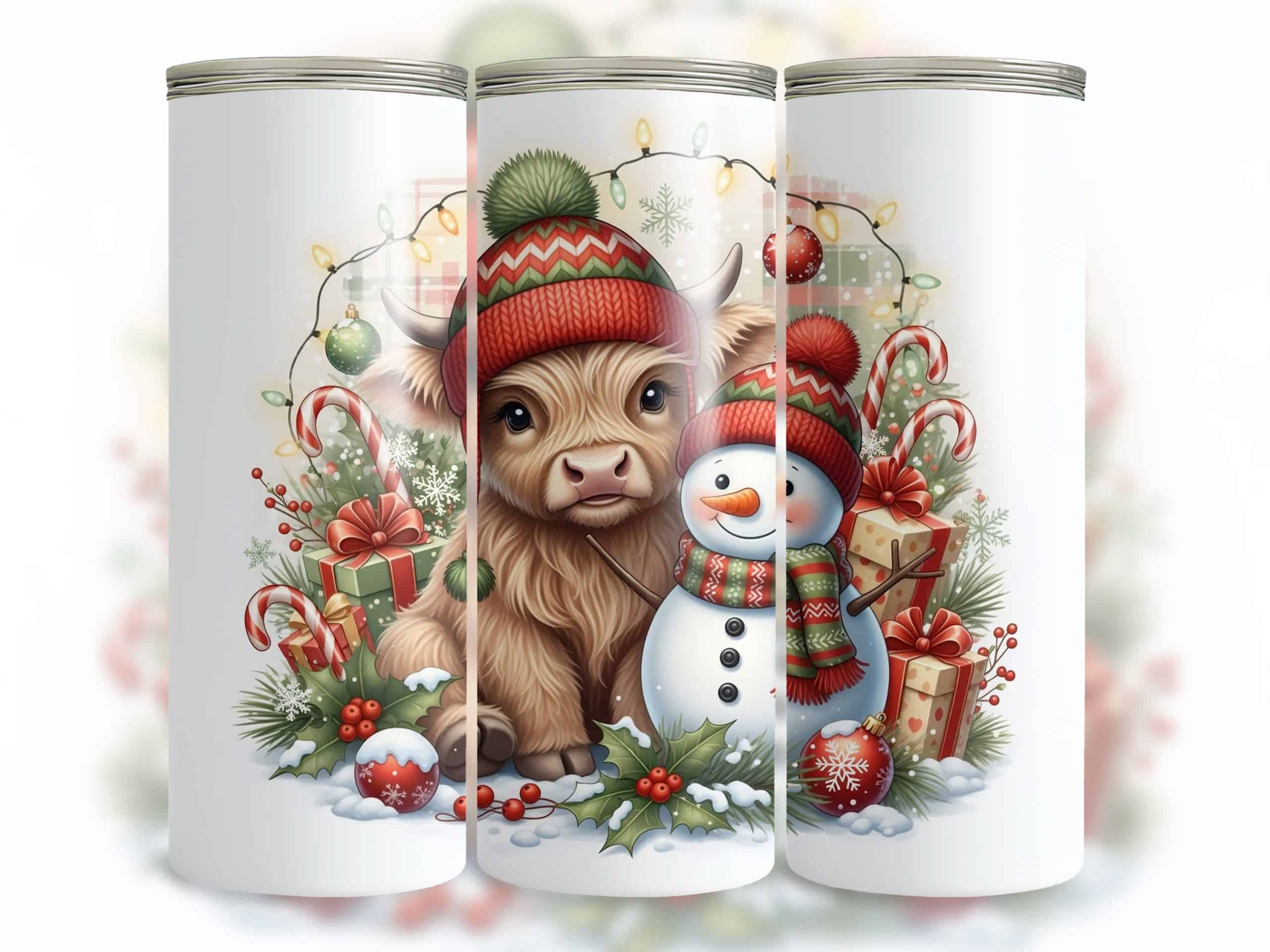 Christmas Highland Cow & Snowman 20oz Sublimation Tumbler – Cute Holiday Lights & Candy Cane Design - Image 4