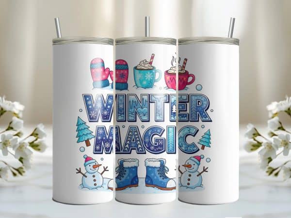 Winter Magic 20oz Tumbler – Cute Snowman, Boots & Hot Cocoa Winter Drink Cup - Image 3