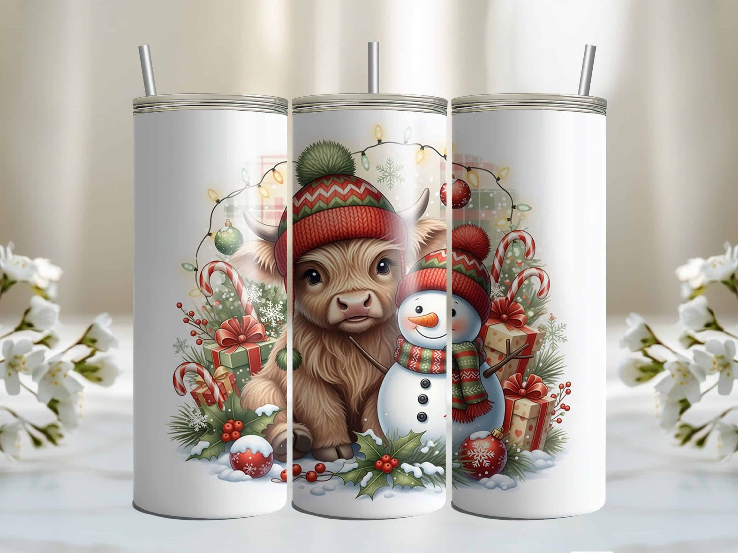 Christmas Highland Cow & Snowman 20oz Sublimation Tumbler – Cute Holiday Lights & Candy Cane Design - Image 5