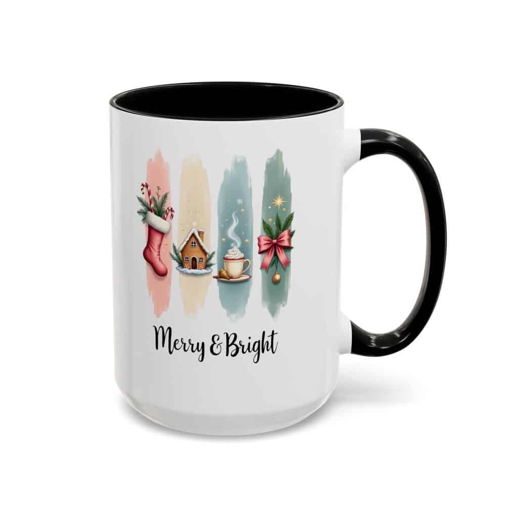 Merry & Bright 15oz Coffee Mug – Pastel Christmas Stocking, Gingerbread & Cocoa Holiday Cup - Image 5