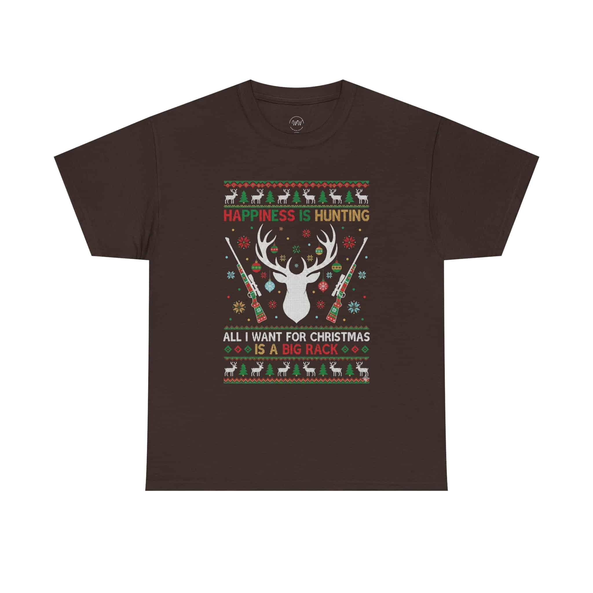 Christmas Hunting T‑Shirt — "Happiness Is Hunting / All I Want for Christmas is a Big Rack" Ugly Sweater Style Tee - Image 8