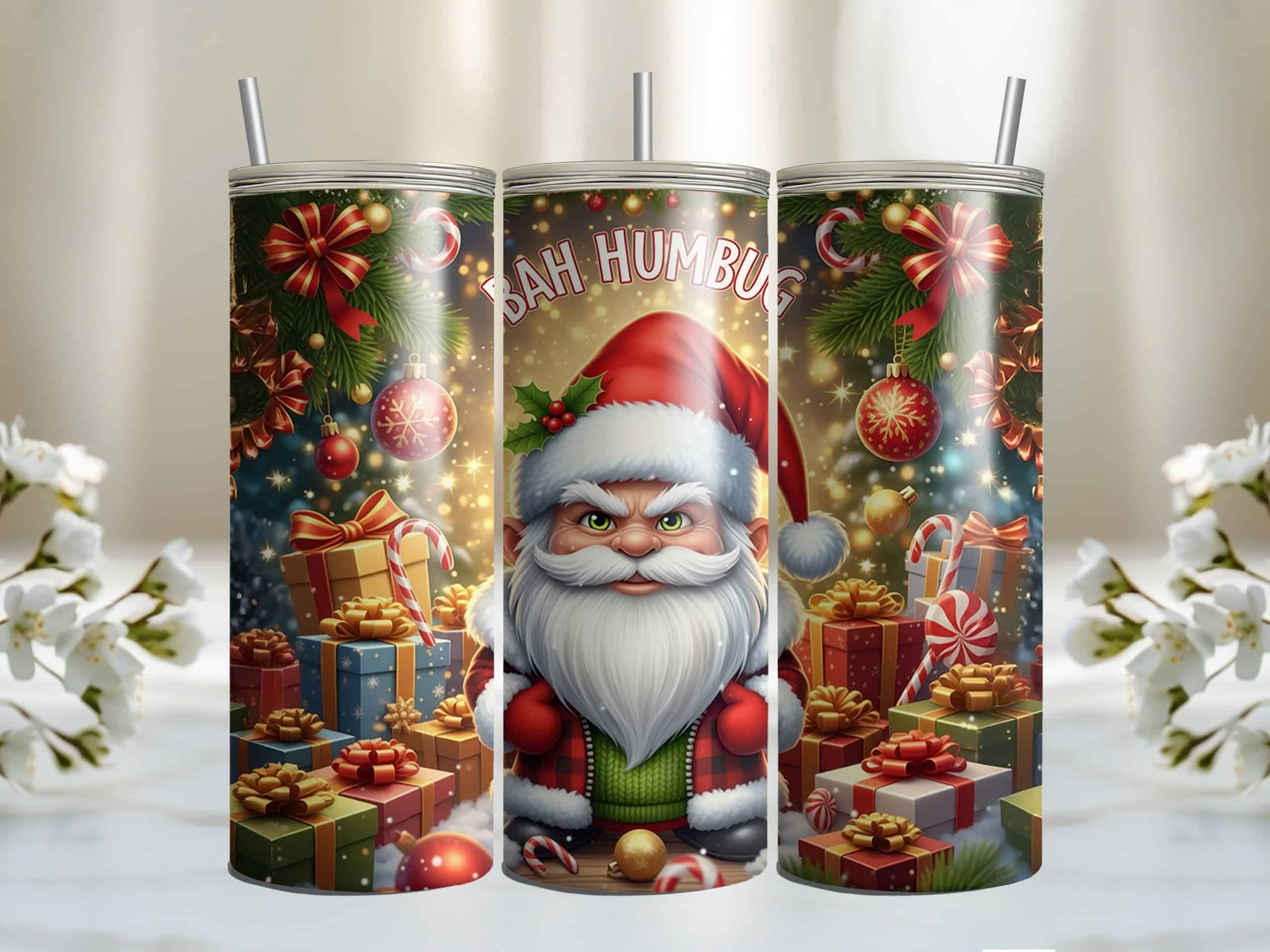Bah Humbug Santa 20oz Sublimation Tumbler – Grumpy Christmas Gnome - Image 2