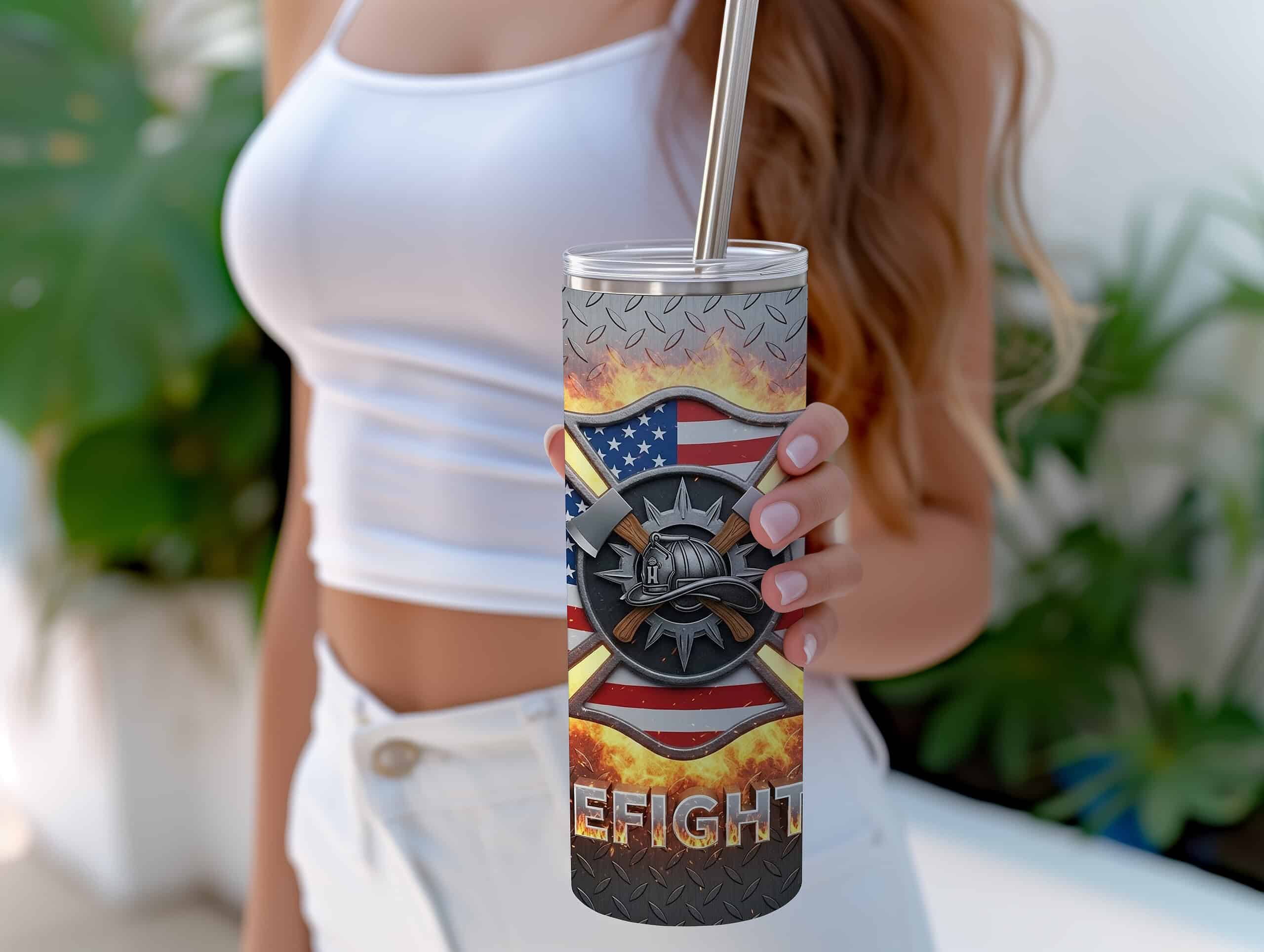 Firefighter 20oz Sublimation Tumbler – Maltese Cross, Axes & American Flag Flame Design - Image 4