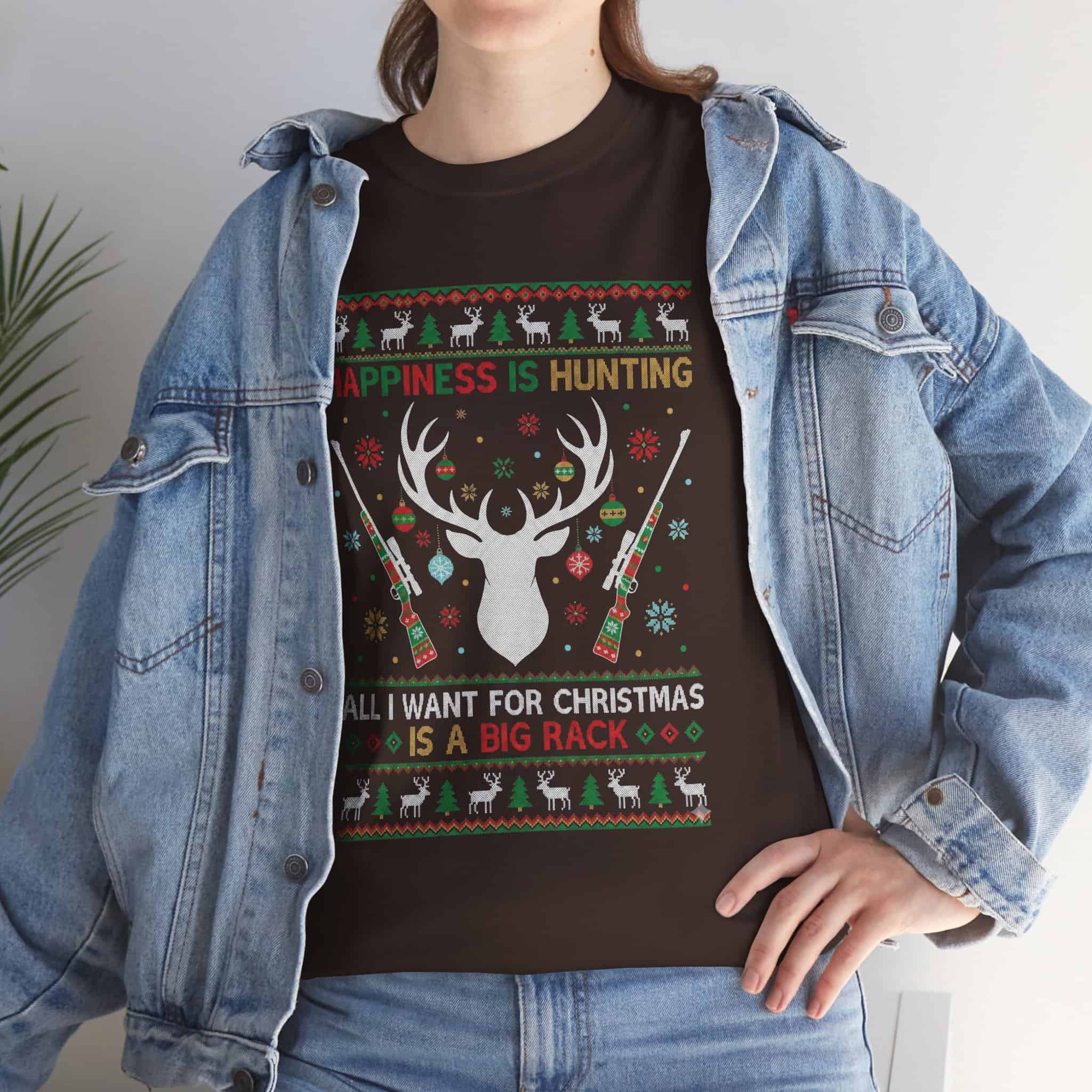 Christmas Hunting T‑Shirt — "Happiness Is Hunting / All I Want for Christmas is a Big Rack" Ugly Sweater Style Tee - Image 12