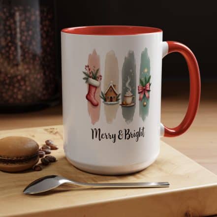 Merry & Bright 15oz Coffee Mug – Pastel Christmas Stocking, Gingerbread & Cocoa Holiday Cup