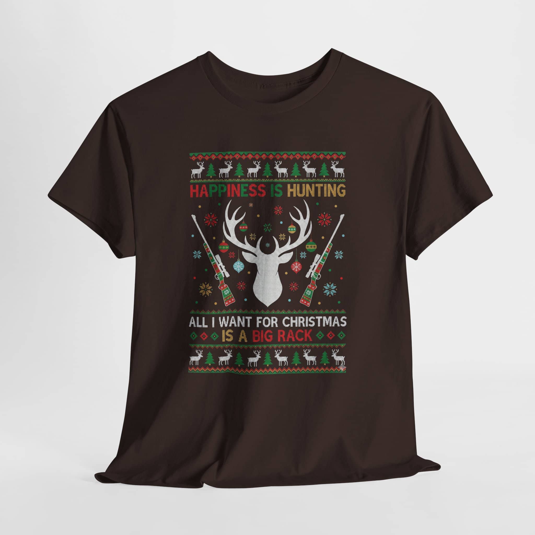 Christmas Hunting T‑Shirt — "Happiness Is Hunting / All I Want for Christmas is a Big Rack" Ugly Sweater Style Tee - Image 13