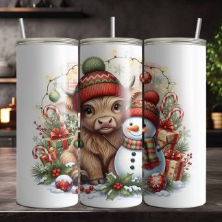 Christmas Highland Cow & Snowman 20oz Sublimation Tumbler – Cute Holiday Lights & Candy Cane Design