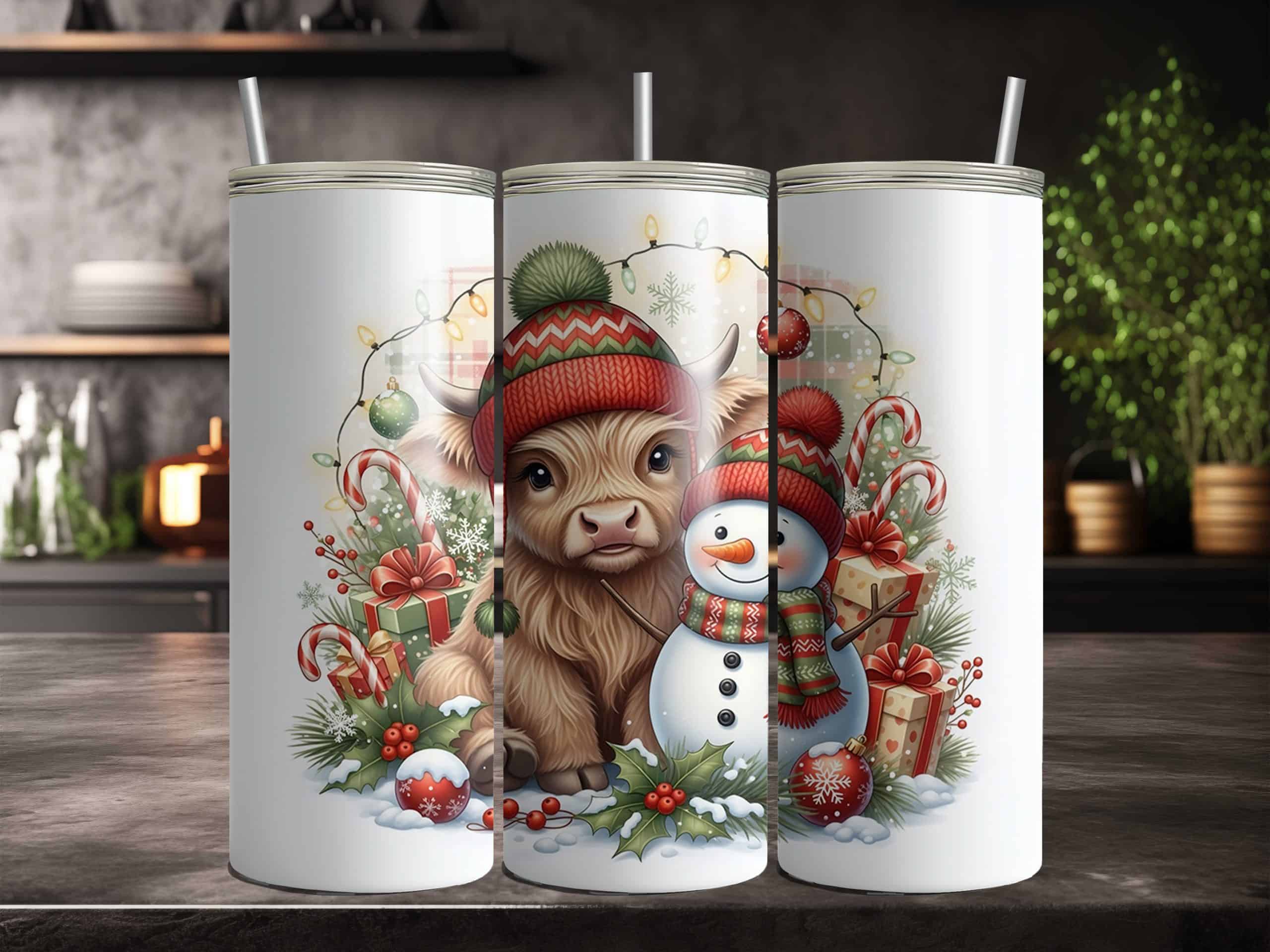 Christmas Highland Cow & Snowman 20oz Sublimation Tumbler – Cute Holiday Lights & Candy Cane Design