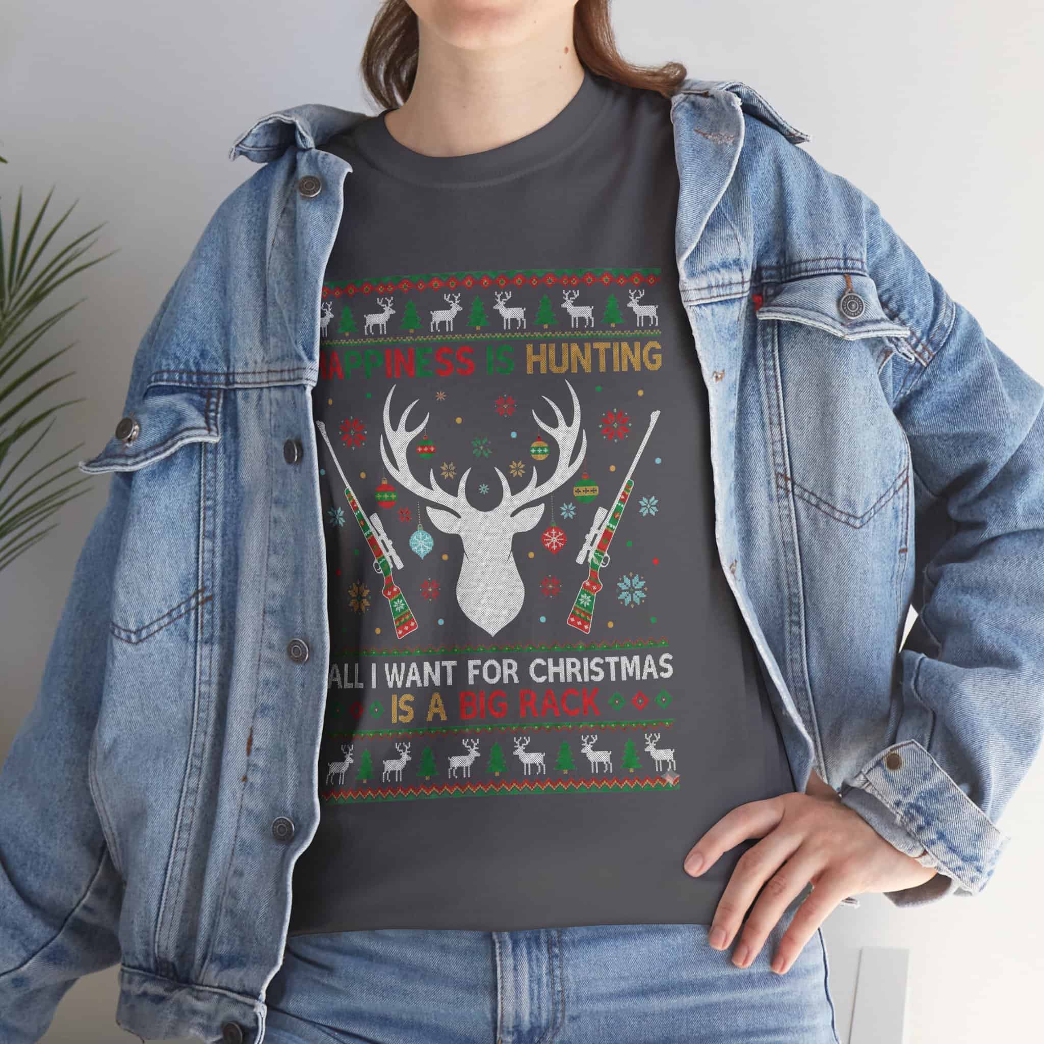 Christmas Hunting T‑Shirt — "Happiness Is Hunting / All I Want for Christmas is a Big Rack" Ugly Sweater Style Tee - Image 24
