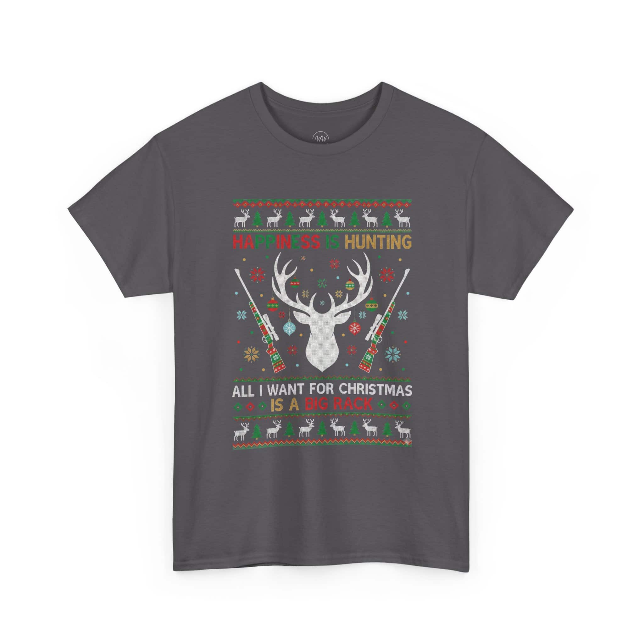Christmas Hunting T‑Shirt — "Happiness Is Hunting / All I Want for Christmas is a Big Rack" Ugly Sweater Style Tee - Image 22