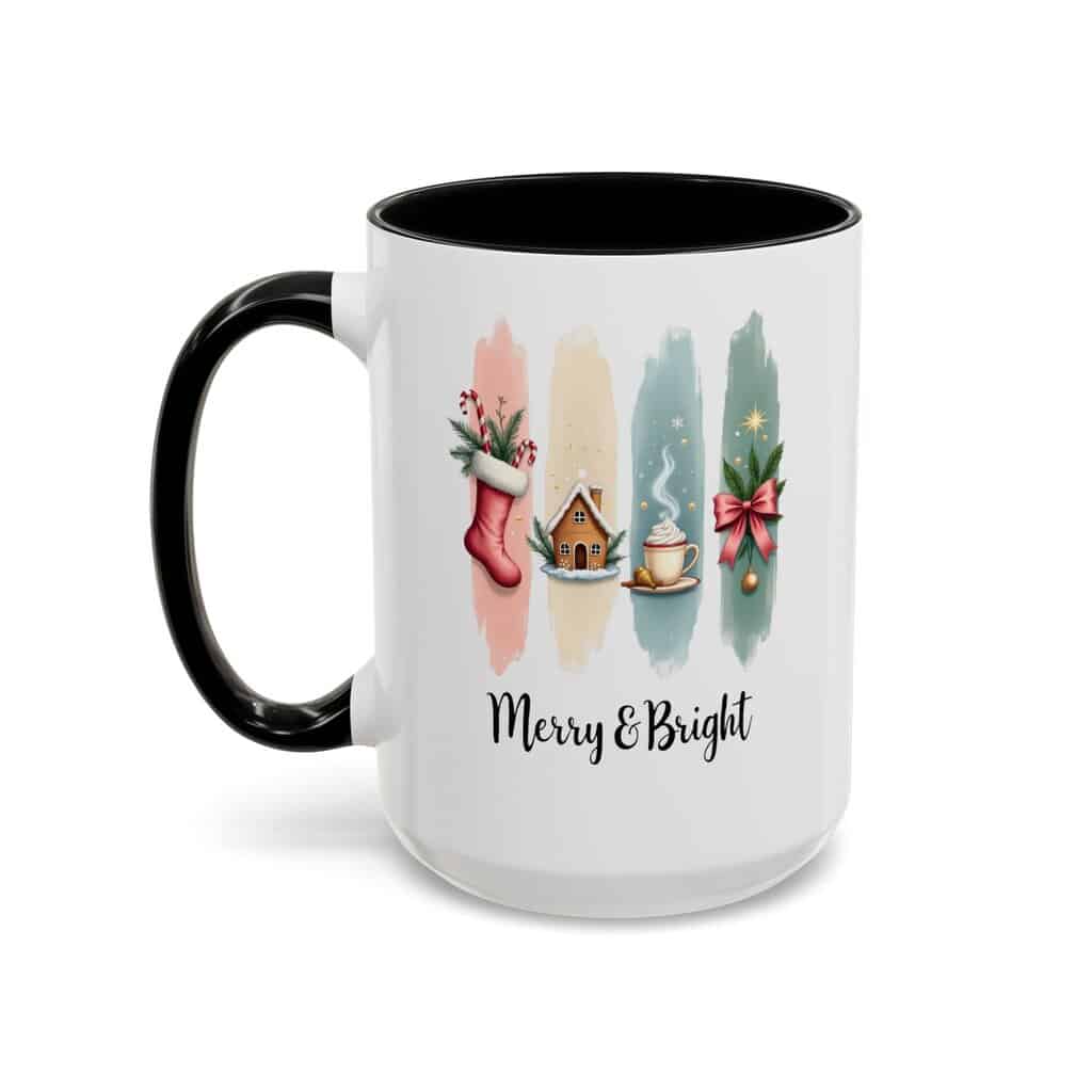 Merry & Bright 15oz Coffee Mug – Pastel Christmas Stocking, Gingerbread & Cocoa Holiday Cup - Image 6