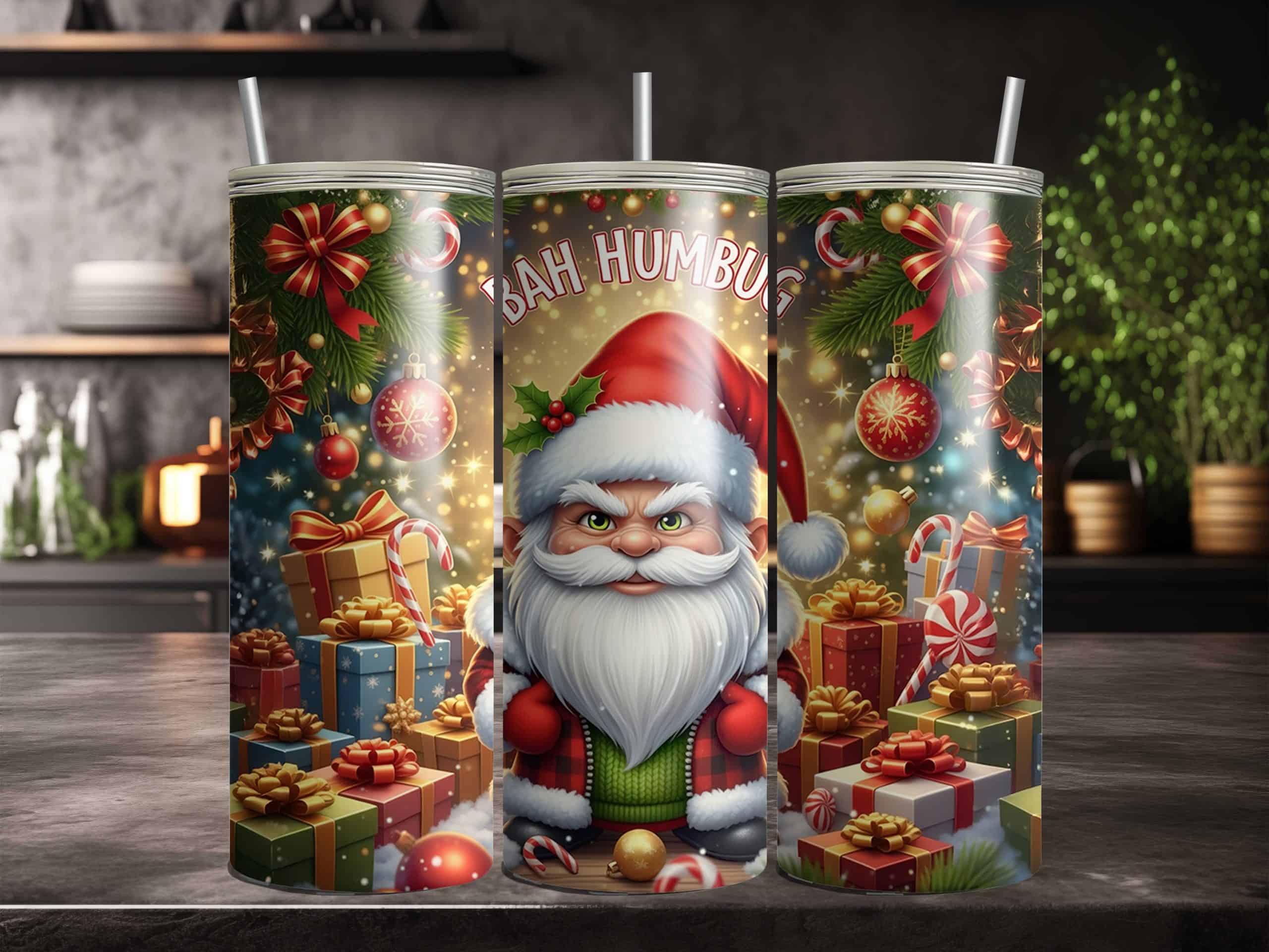 Bah Humbug Santa 20oz Sublimation Tumbler – Grumpy Christmas Gnome - Image 3