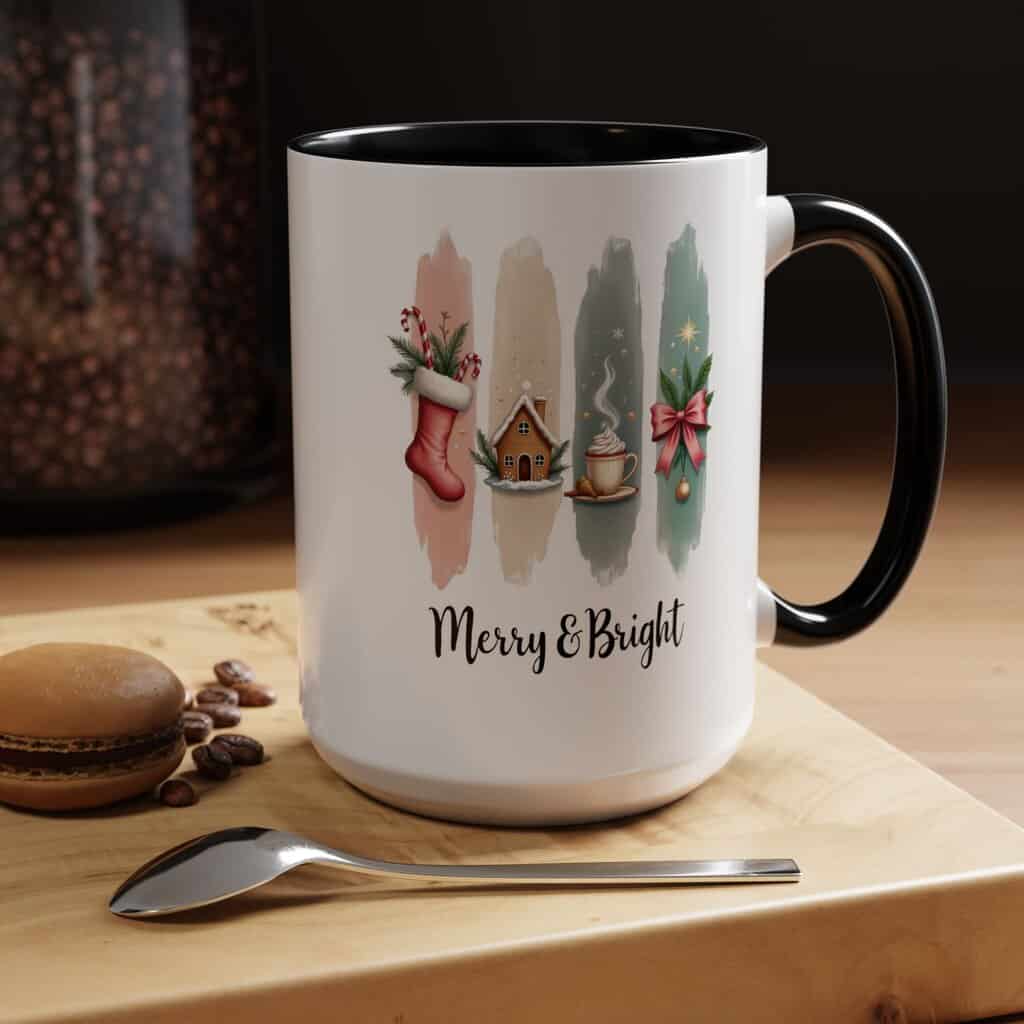 Merry & Bright 15oz Coffee Mug – Pastel Christmas Stocking, Gingerbread & Cocoa Holiday Cup - Image 8