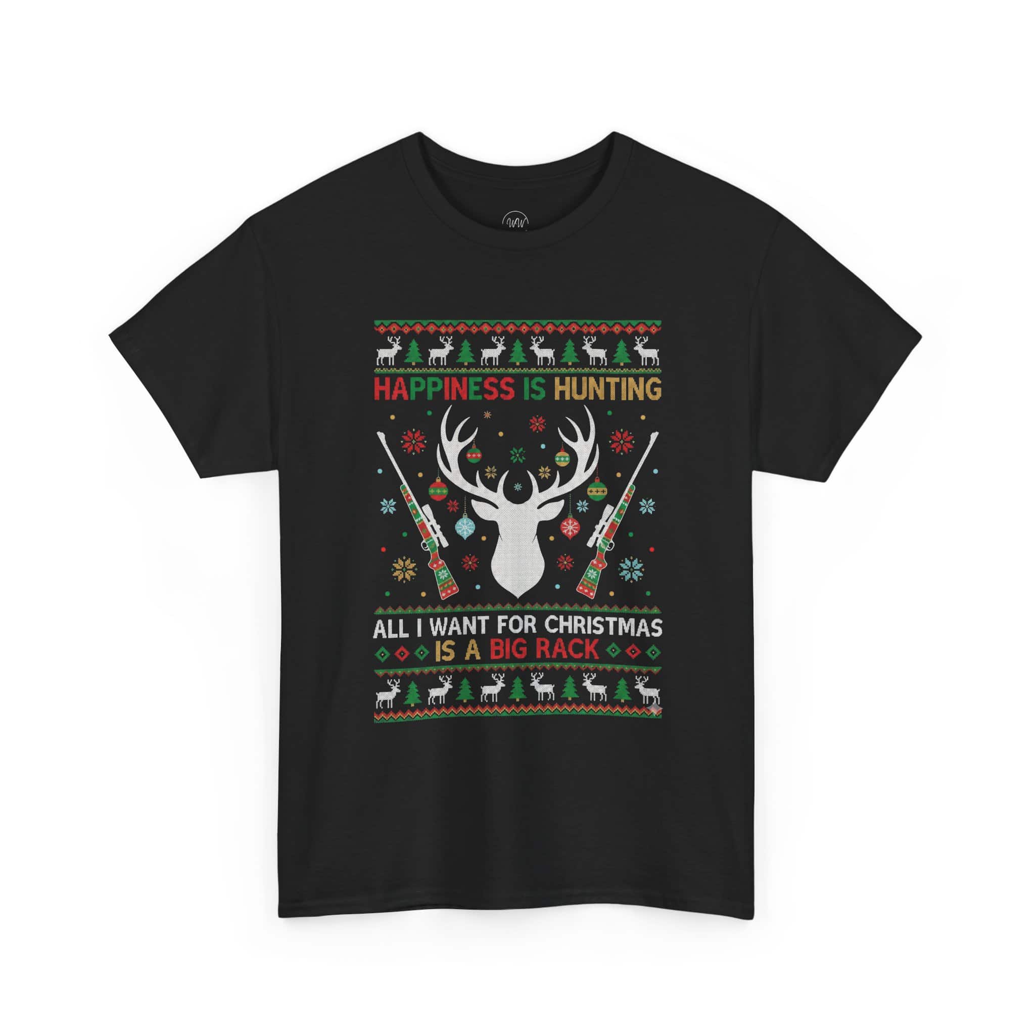 Christmas Hunting T‑Shirt — "Happiness Is Hunting / All I Want for Christmas is a Big Rack" Ugly Sweater Style Tee - Image 4