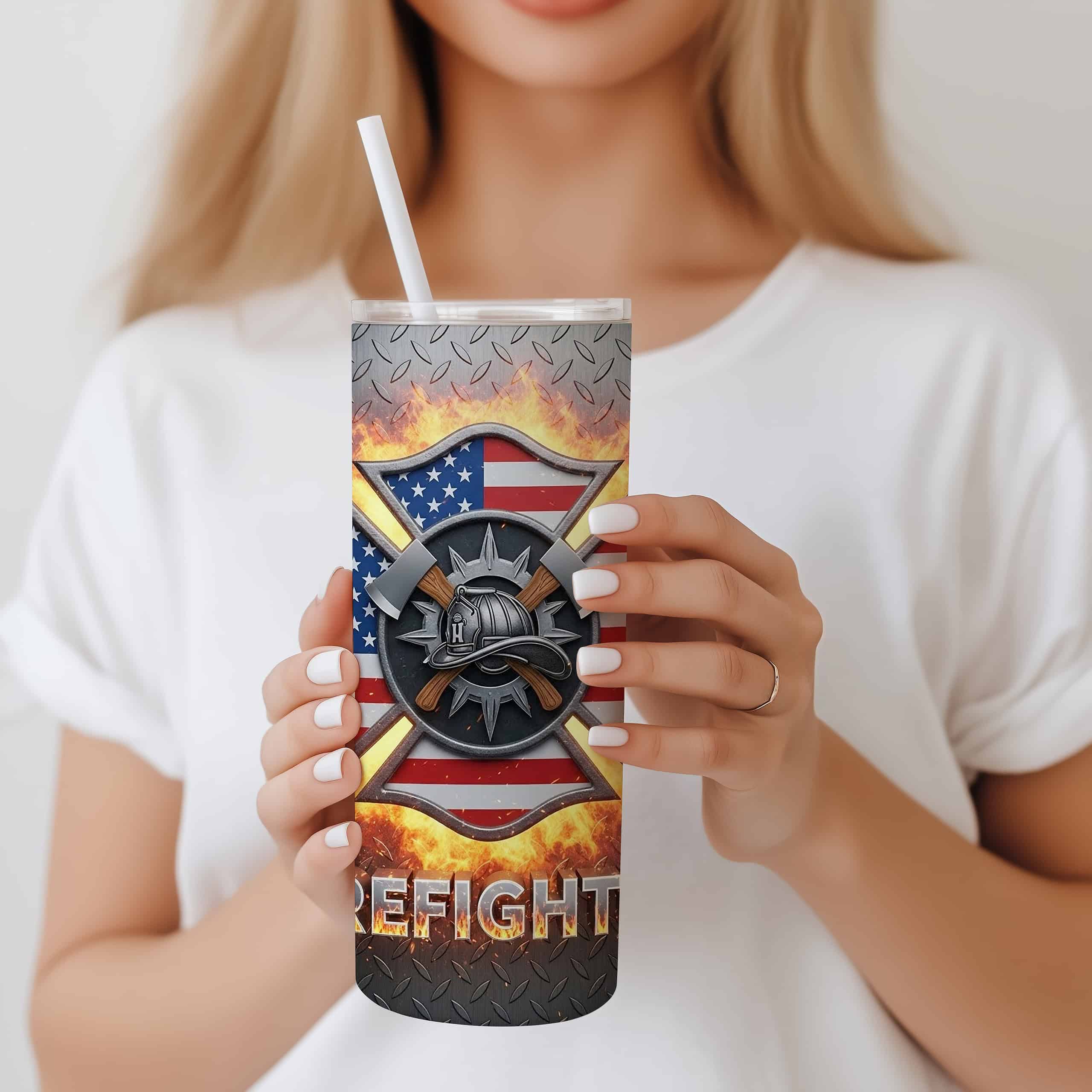 Firefighter 20oz Sublimation Tumbler – Maltese Cross, Axes & American Flag Flame Design - Image 5