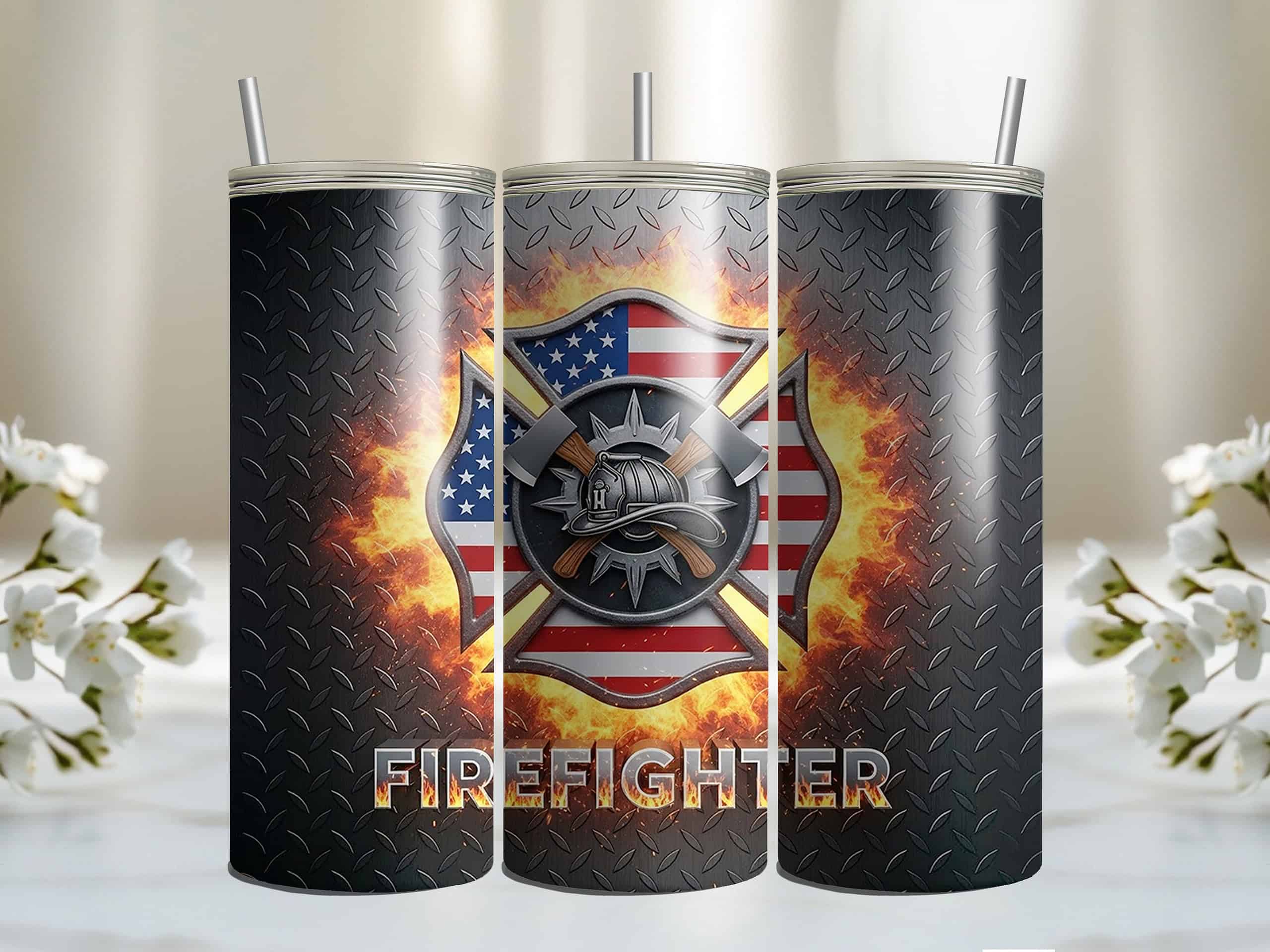 Firefighter 20oz Sublimation Tumbler – Maltese Cross, Axes & American Flag Flame Design - Image 7