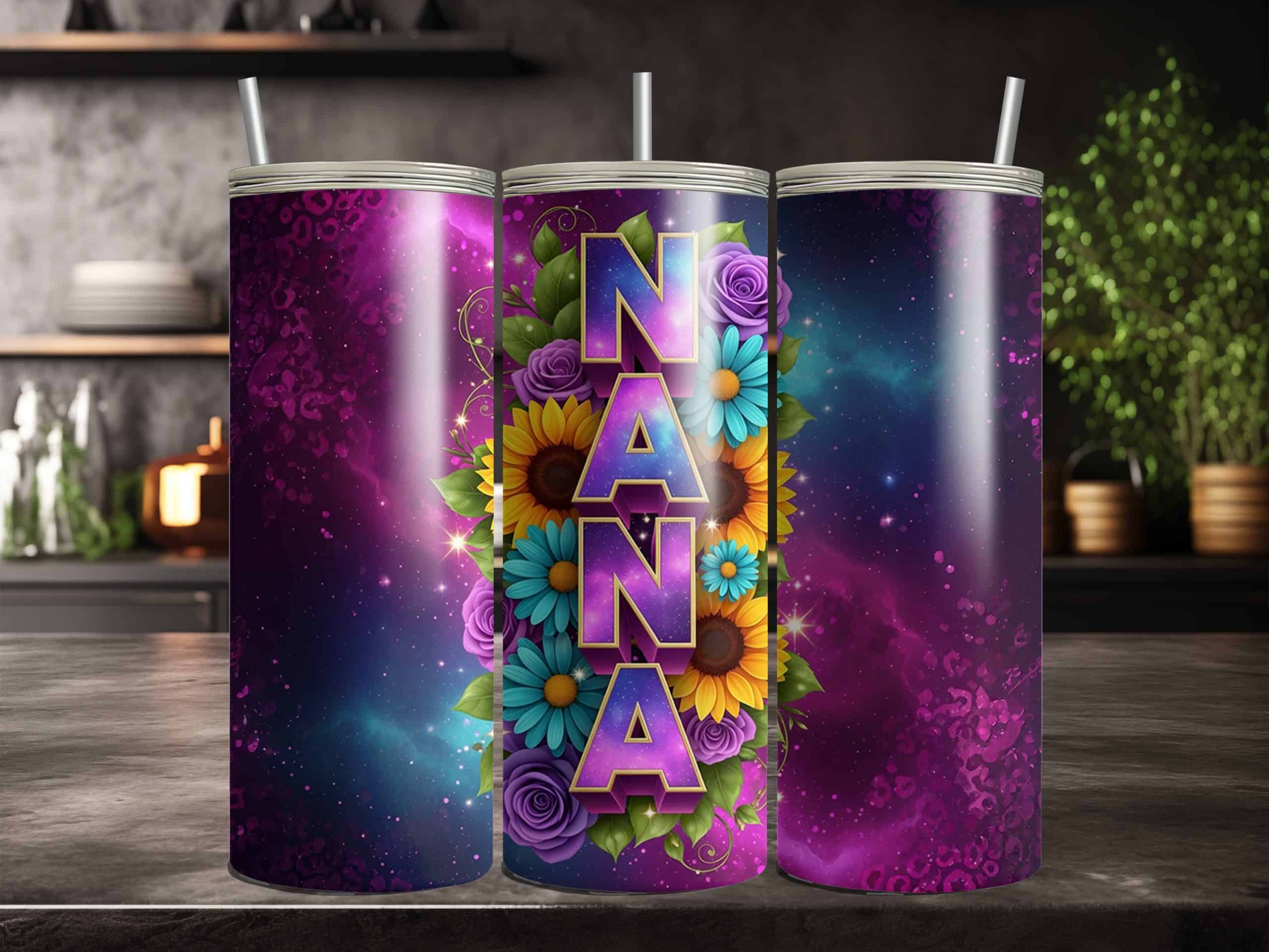 Nana Galaxy Floral 20oz Sublimation Tumbler – Colorful Sunflower & Rose Drink Cup for Nana - Image 2