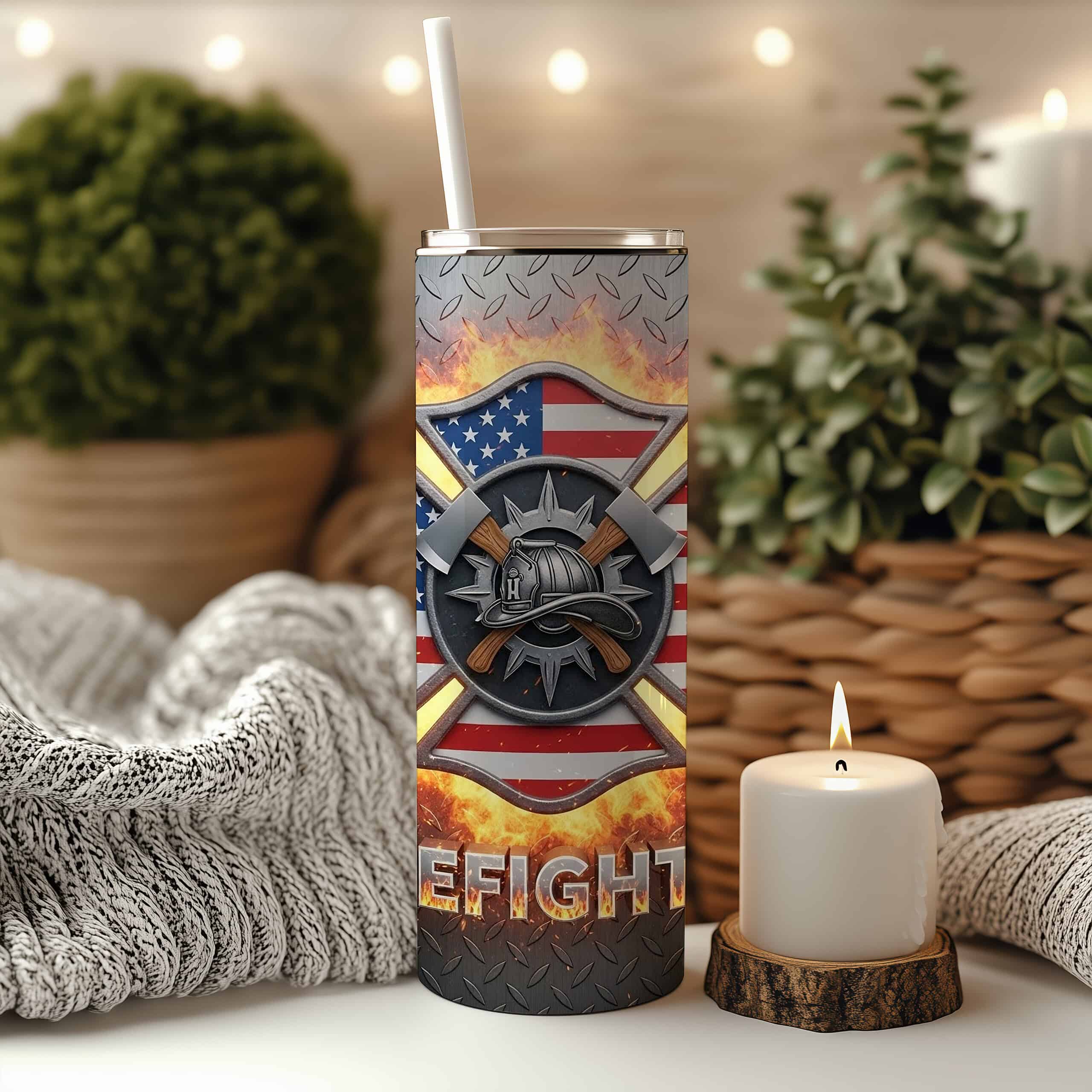 Firefighter 20oz Sublimation Tumbler – Maltese Cross, Axes & American Flag Flame Design - Image 6