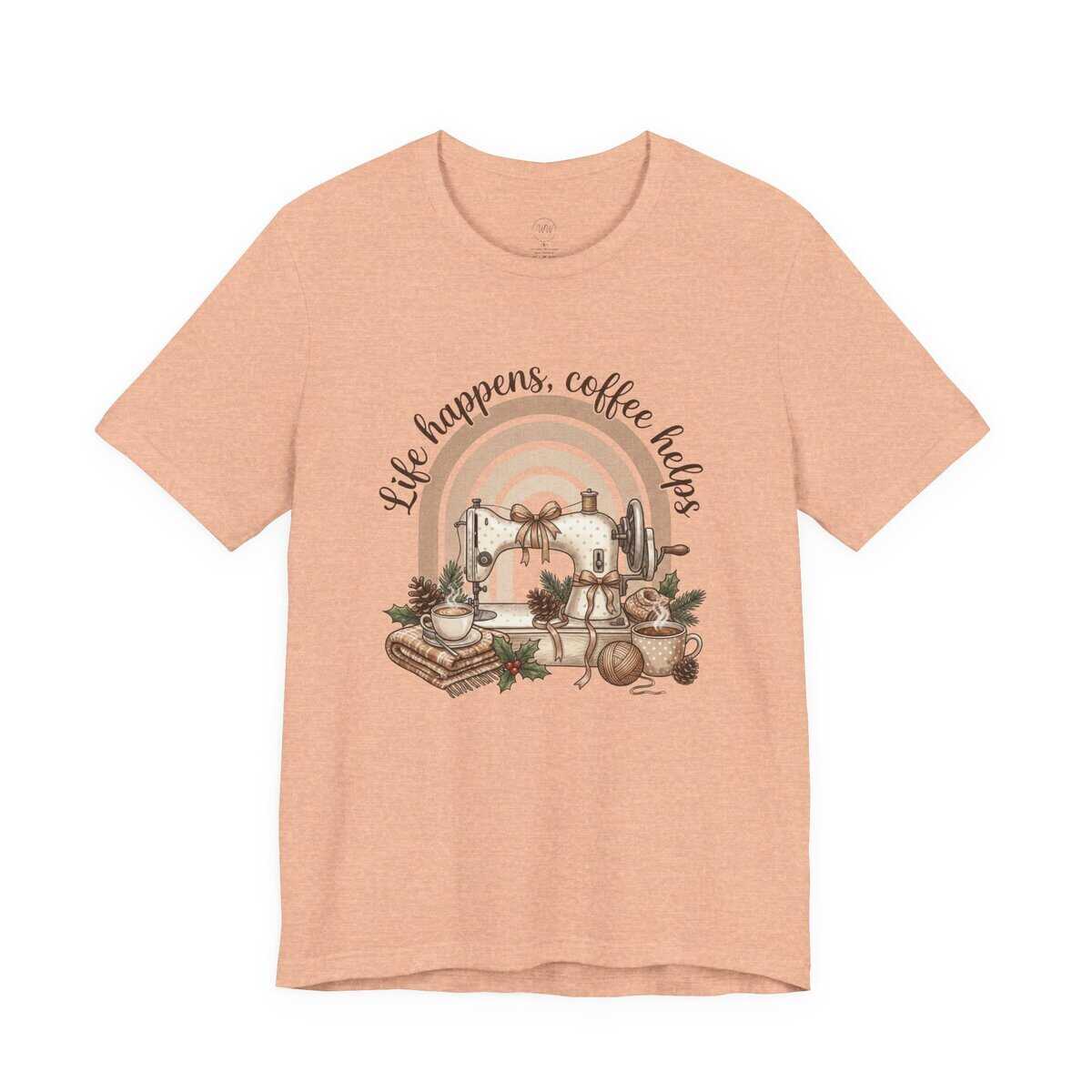 Life Happens Coffee Helps Sewing Machine Shirt – Cozy Sewing & Coffee Bella Canvas 3001 Tee for Sewists and Quilters - Image 7