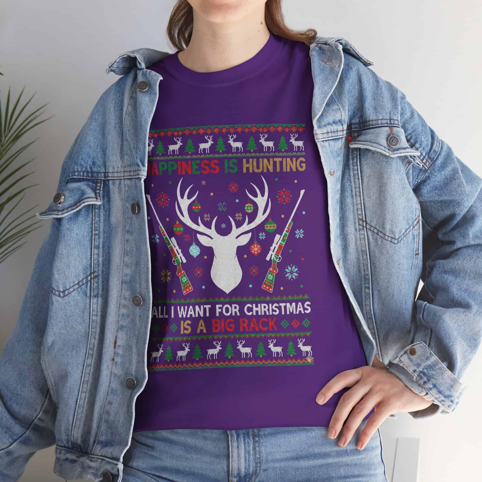 Christmas Hunting T‑Shirt — "Happiness Is Hunting / All I Want for Christmas is a Big Rack" Ugly Sweater Style Tee - Image 36
