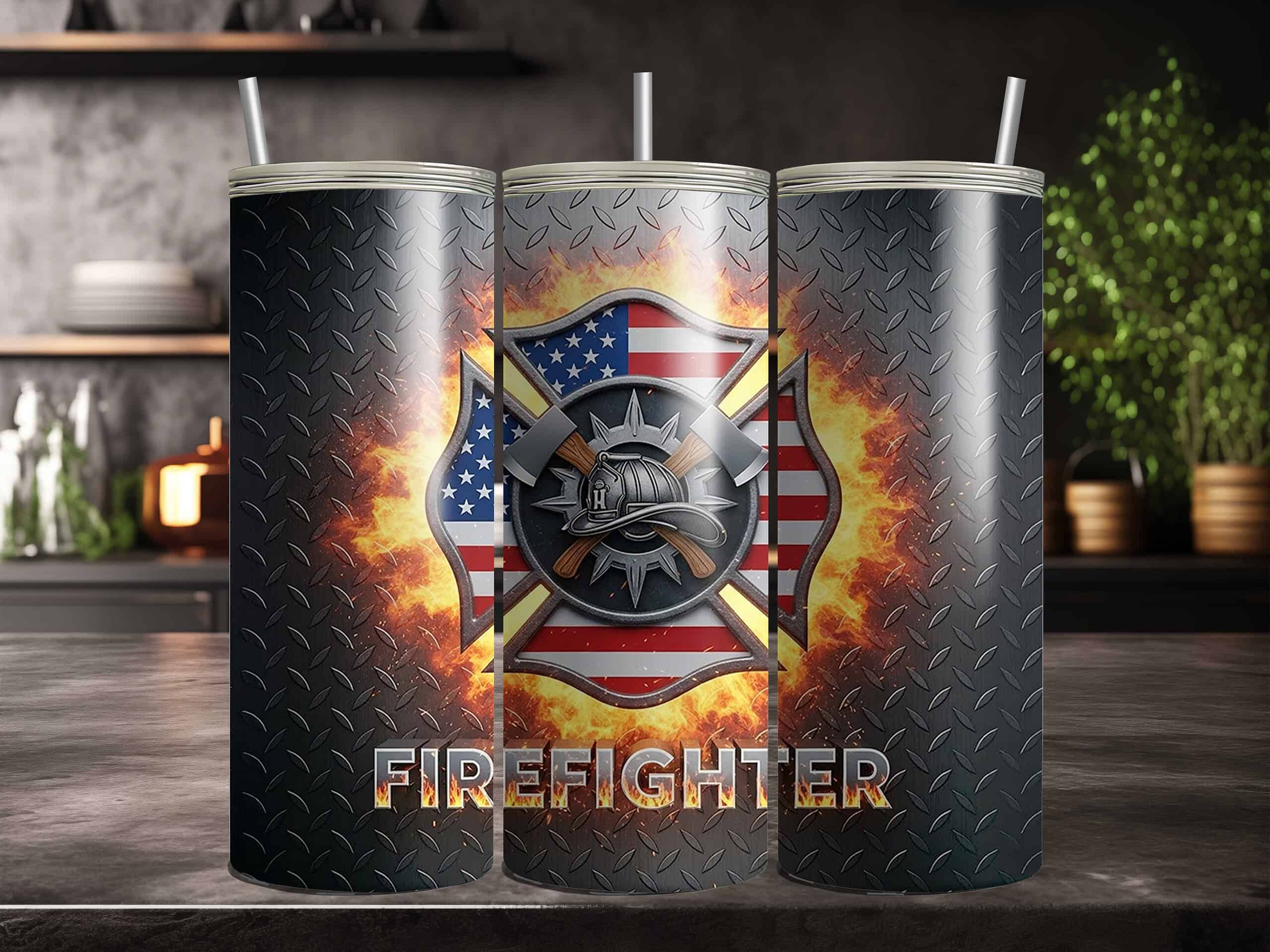 Firefighter 20oz Sublimation Tumbler – Maltese Cross, Axes & American Flag Flame Design - Image 2