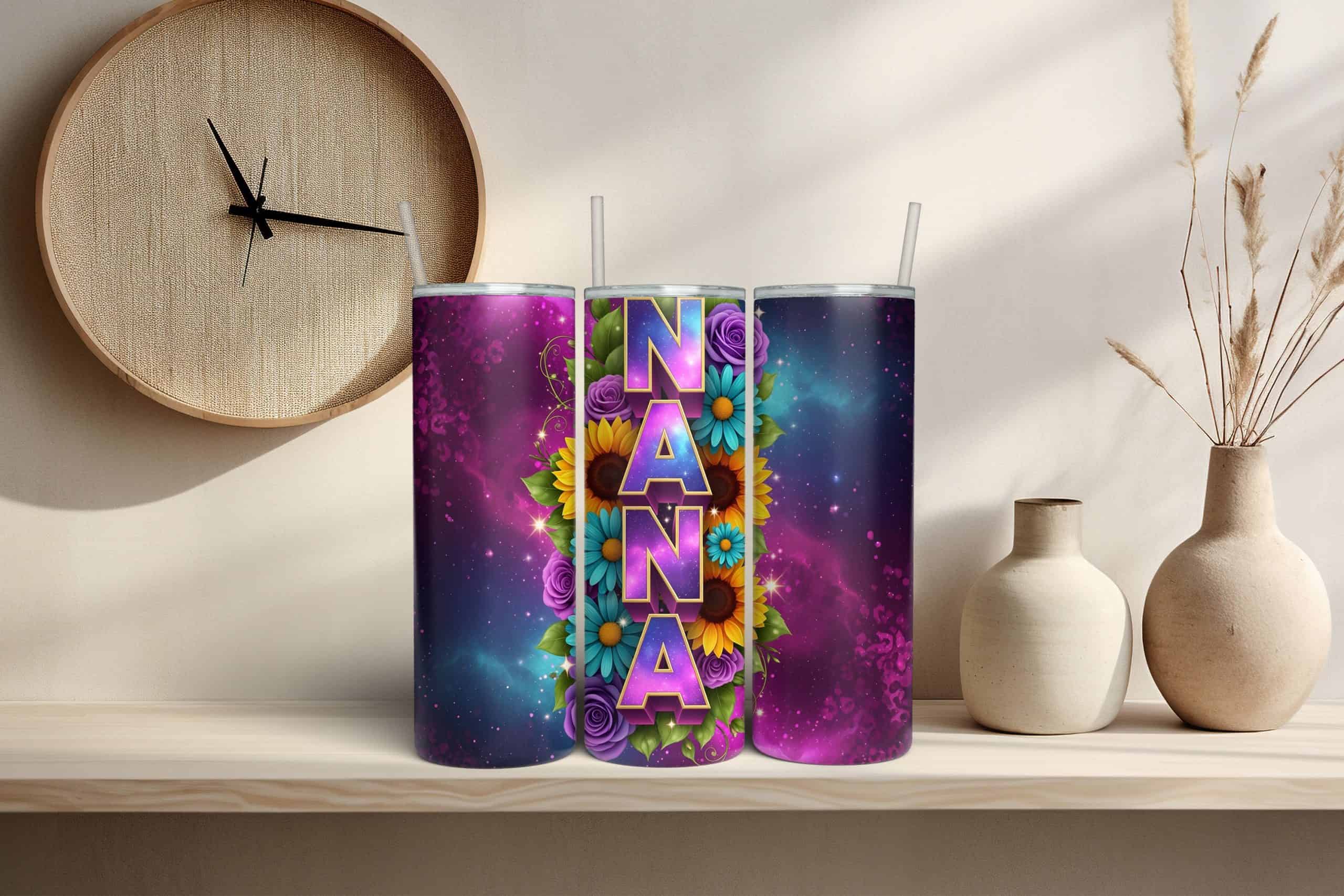 Nana Galaxy Floral 20oz Sublimation Tumbler – Colorful Sunflower & Rose Drink Cup for Nana - Image 3