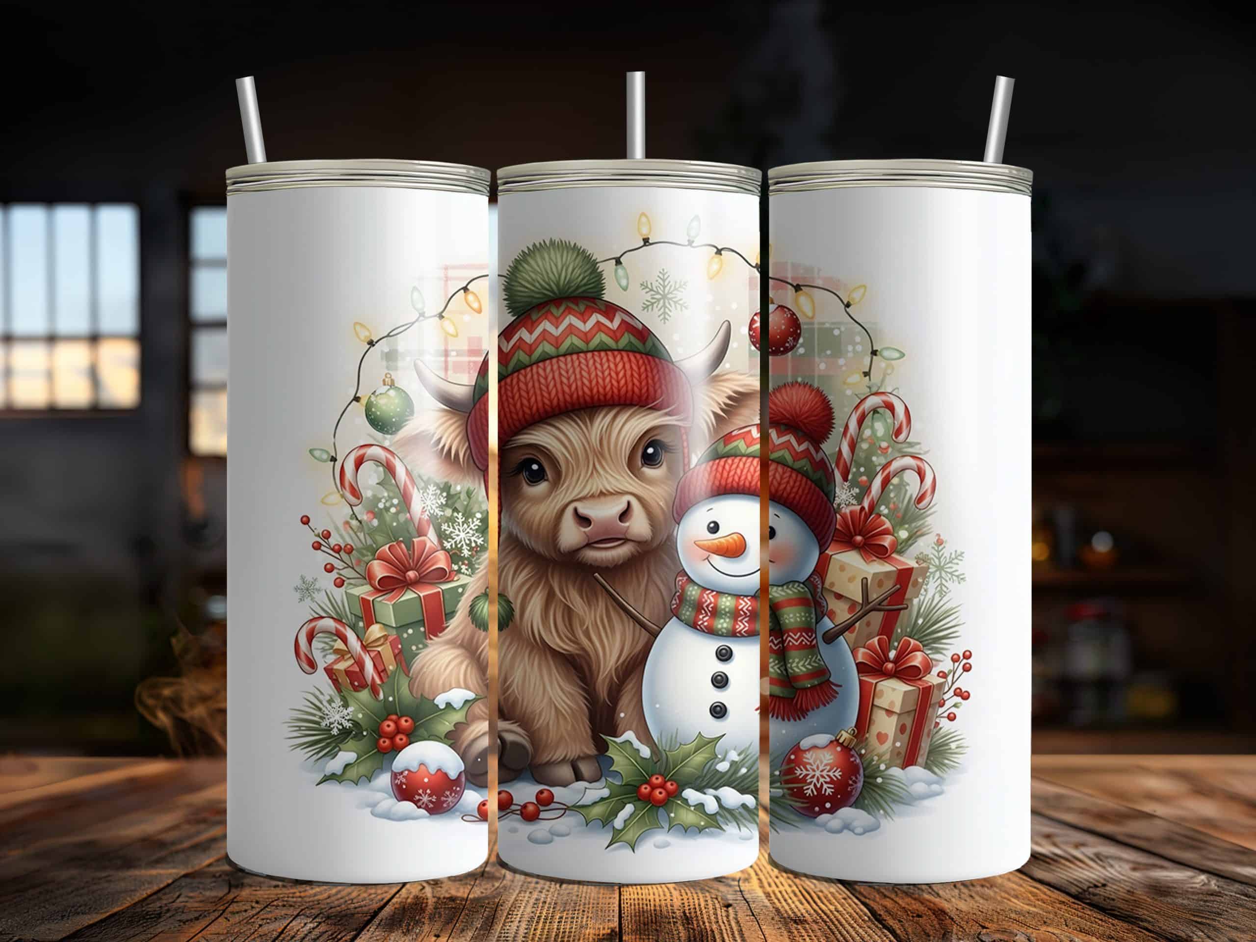 Christmas Highland Cow & Snowman 20oz Sublimation Tumbler – Cute Holiday Lights & Candy Cane Design - Image 2