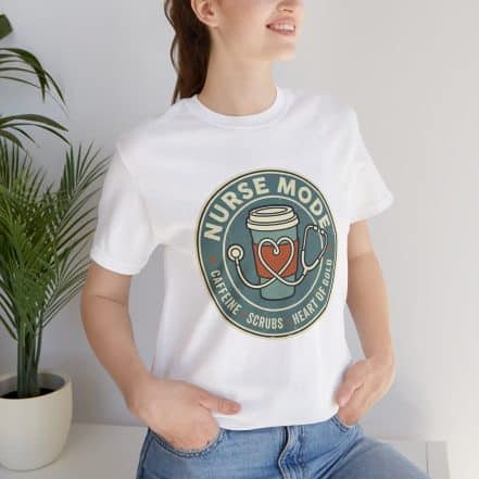 Nurse Mode Bella Canvas 3001 T-Shirt – Caffeine, Scrubs, Heart of Gold Retro Nurse Tee - Image 7