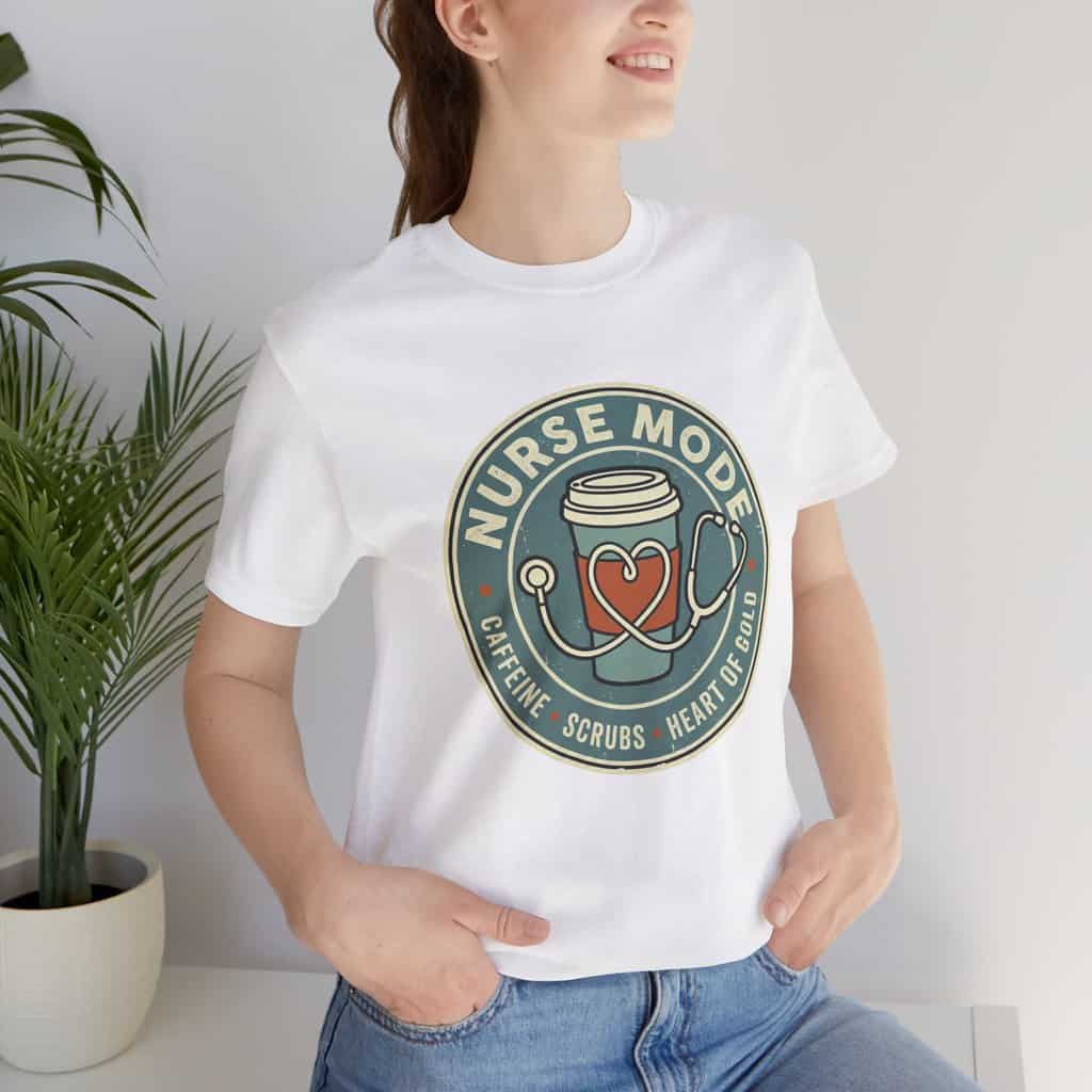 Nurse Mode Bella Canvas 3001 T-Shirt – Caffeine, Scrubs, Heart of Gold Retro Nurse Tee - Image 7