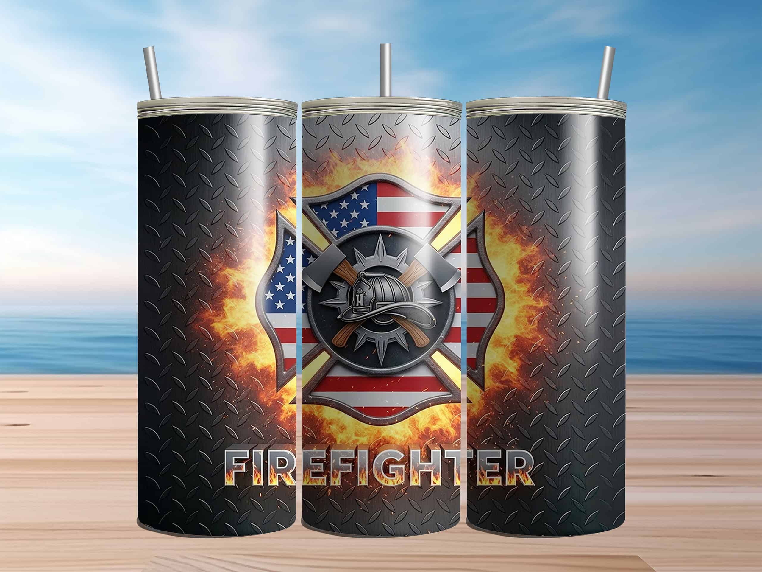 Firefighter 20oz Sublimation Tumbler – Maltese Cross, Axes & American Flag Flame Design - Image 3