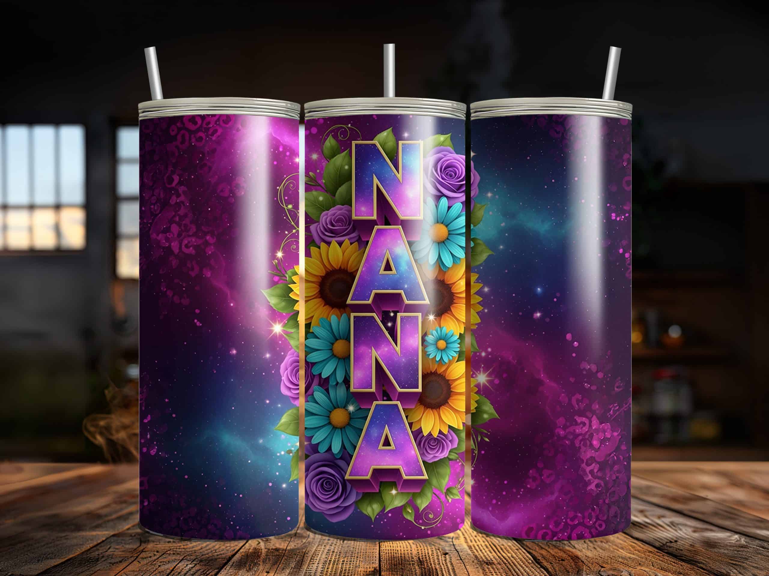 Nana Galaxy Floral 20oz Sublimation Tumbler – Colorful Sunflower & Rose Drink Cup for Nana - Image 4