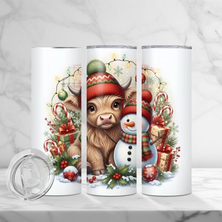 Christmas Highland Cow & Snowman 20oz Sublimation Tumbler – Cute Holiday Lights & Candy Cane Design - Image 3