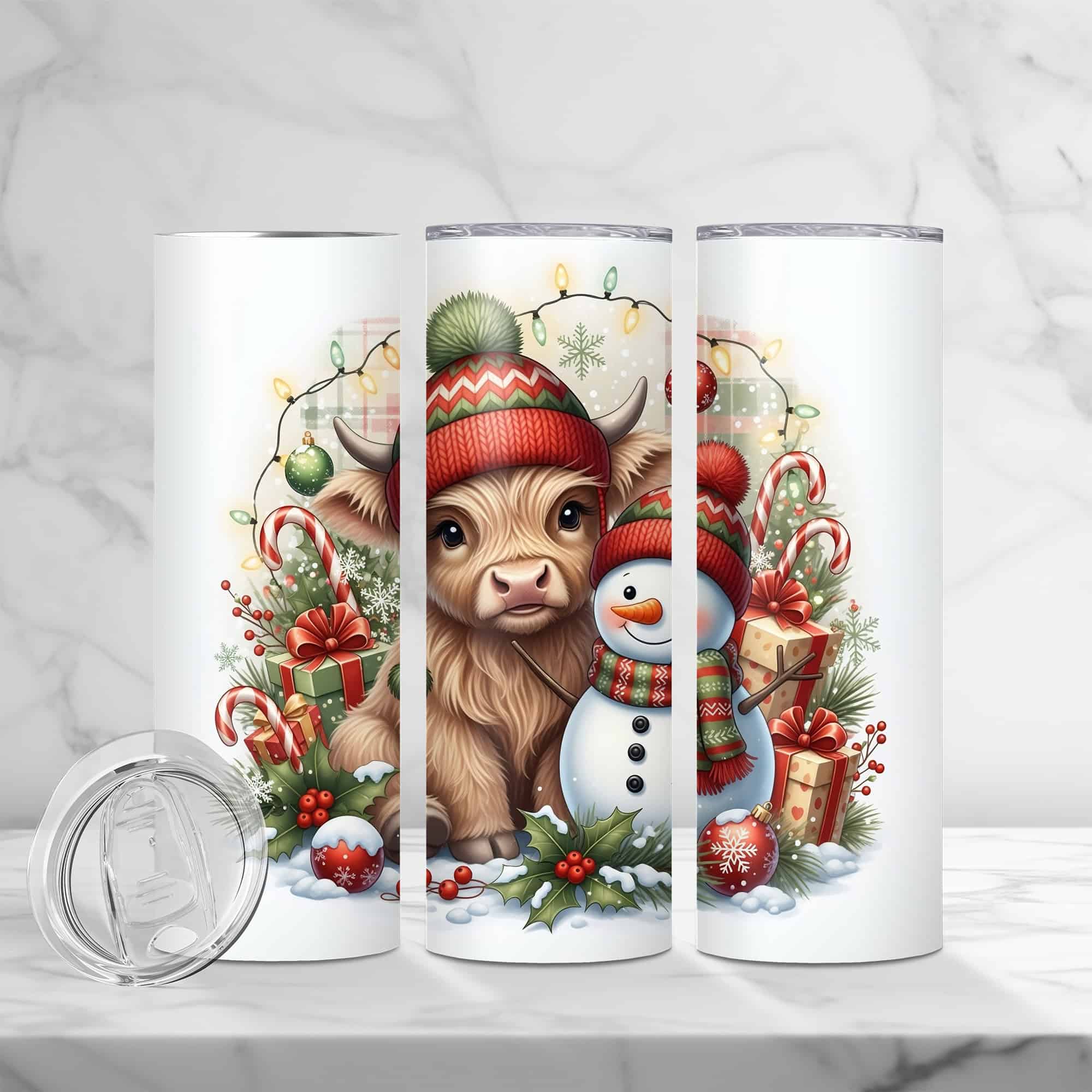 Christmas Highland Cow & Snowman 20oz Sublimation Tumbler – Cute Holiday Lights & Candy Cane Design - Image 3