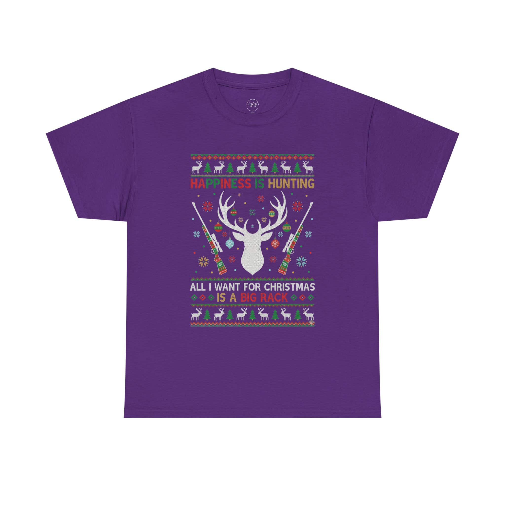 Christmas Hunting T‑Shirt — "Happiness Is Hunting / All I Want for Christmas is a Big Rack" Ugly Sweater Style Tee - Image 32