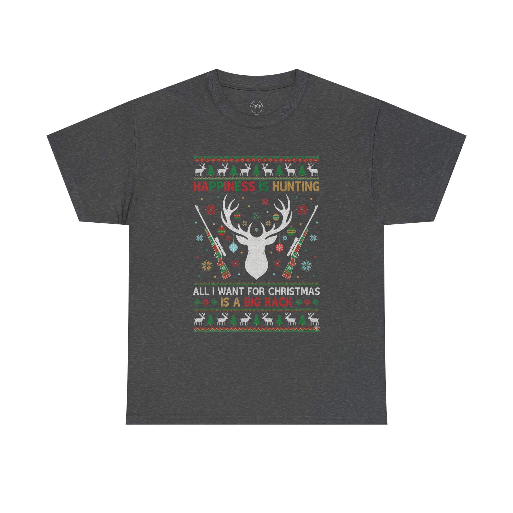 Christmas Hunting T‑Shirt — "Happiness Is Hunting / All I Want for Christmas is a Big Rack" Ugly Sweater Style Tee - Image 14