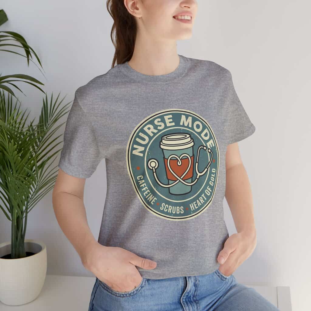 Nurse Mode Bella Canvas 3001 T-Shirt – Caffeine, Scrubs, Heart of Gold Retro Nurse Tee - Image 25