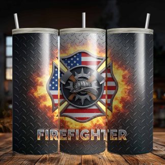 Firefighter 20oz Sublimation Tumbler – Maltese Cross, Axes & American Flag Flame Design