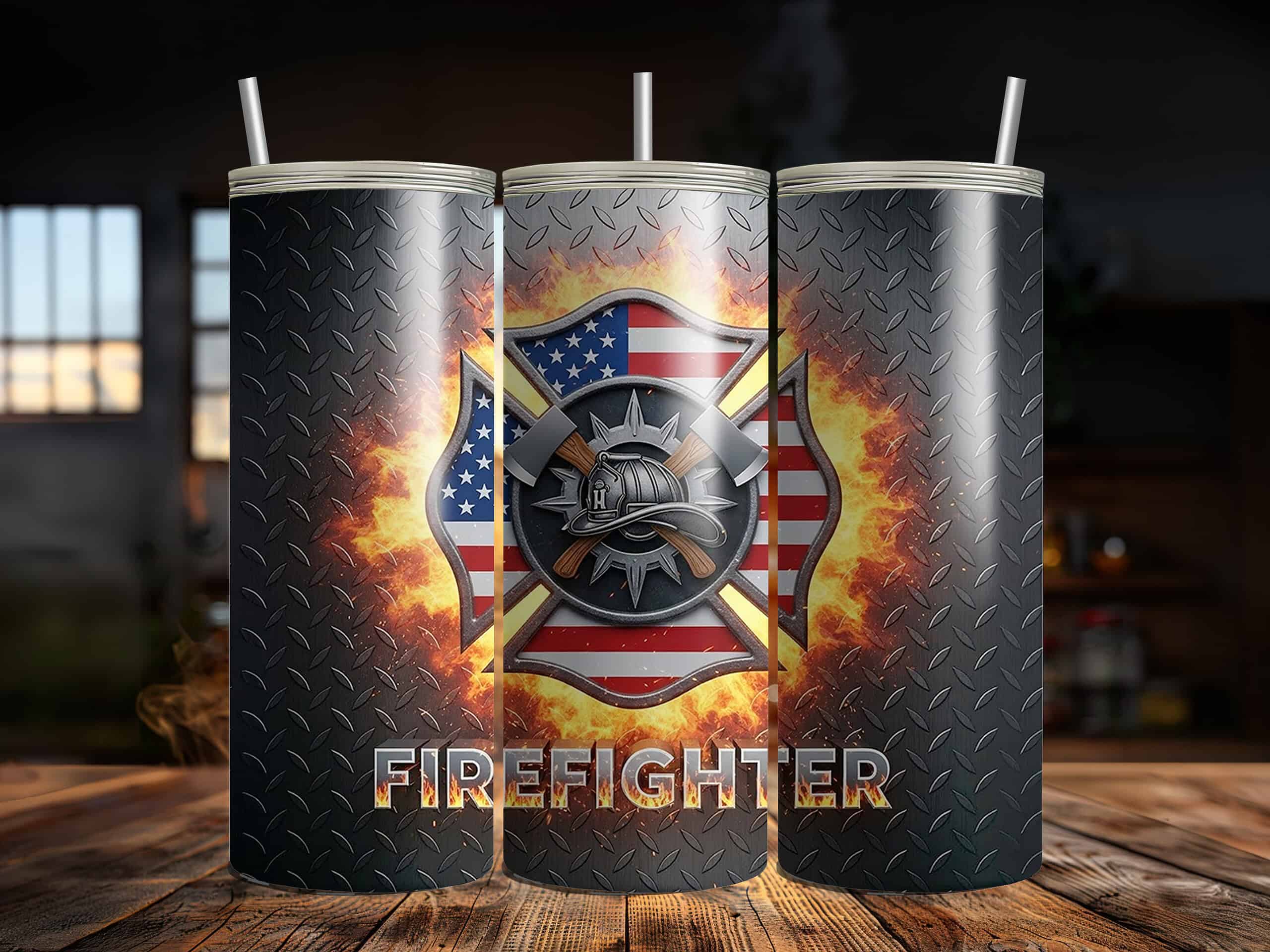 Firefighter 20oz Sublimation Tumbler – Maltese Cross, Axes & American Flag Flame Design