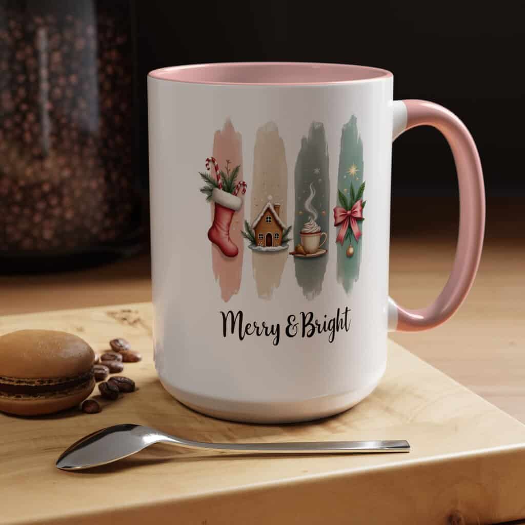 Merry & Bright 15oz Coffee Mug – Pastel Christmas Stocking, Gingerbread & Cocoa Holiday Cup - Image 16