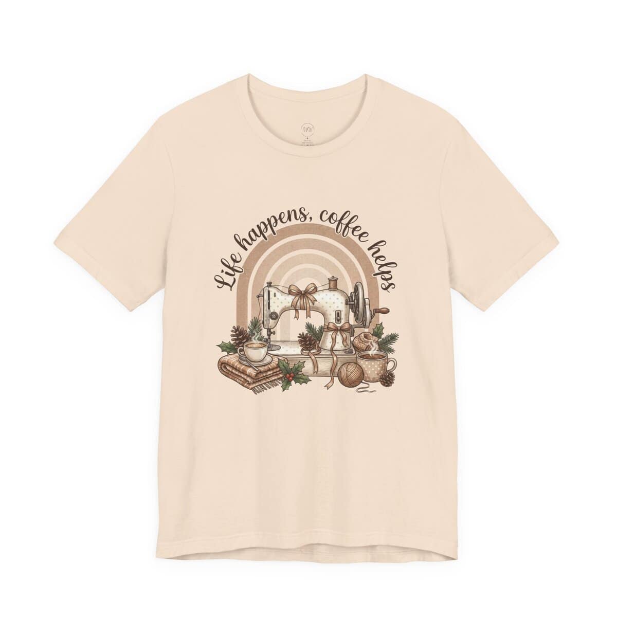 Life Happens Coffee Helps Sewing Machine Shirt – Cozy Sewing & Coffee Bella Canvas 3001 Tee for Sewists and Quilters - Image 5
