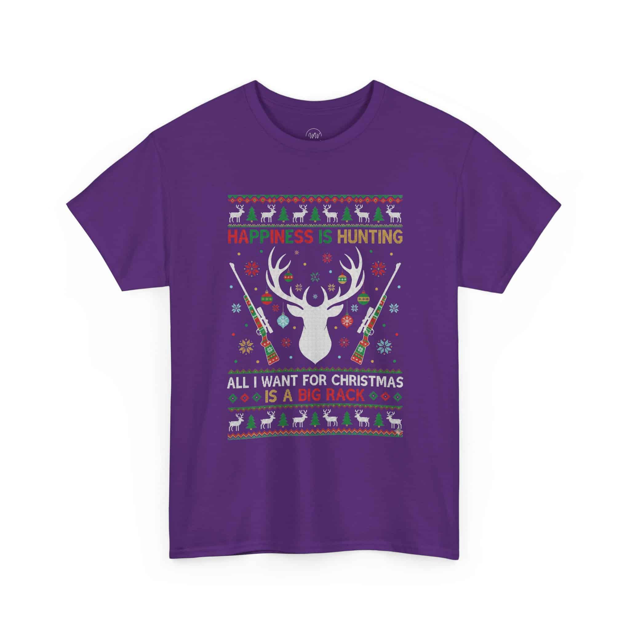 Christmas Hunting T‑Shirt — "Happiness Is Hunting / All I Want for Christmas is a Big Rack" Ugly Sweater Style Tee - Image 34