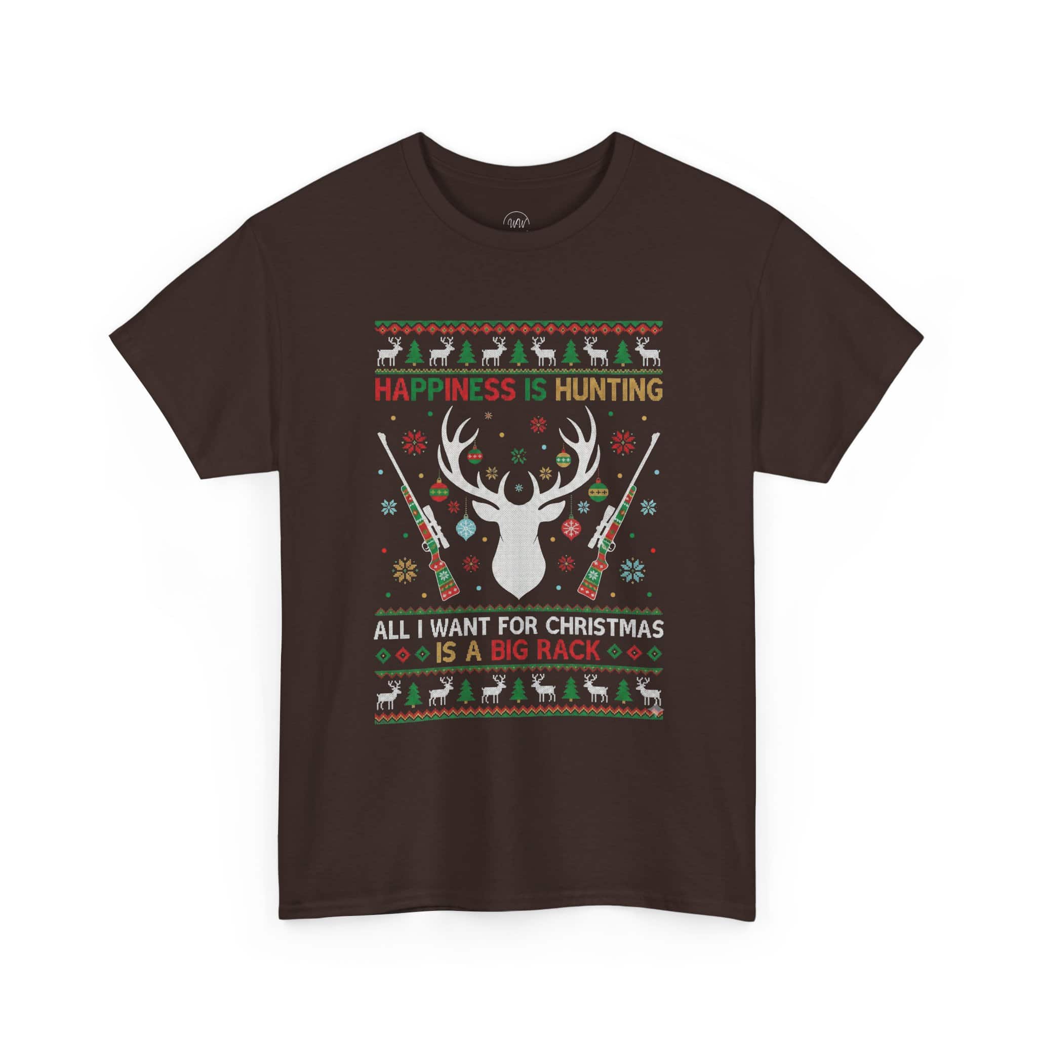 Christmas Hunting T‑Shirt — "Happiness Is Hunting / All I Want for Christmas is a Big Rack" Ugly Sweater Style Tee - Image 10