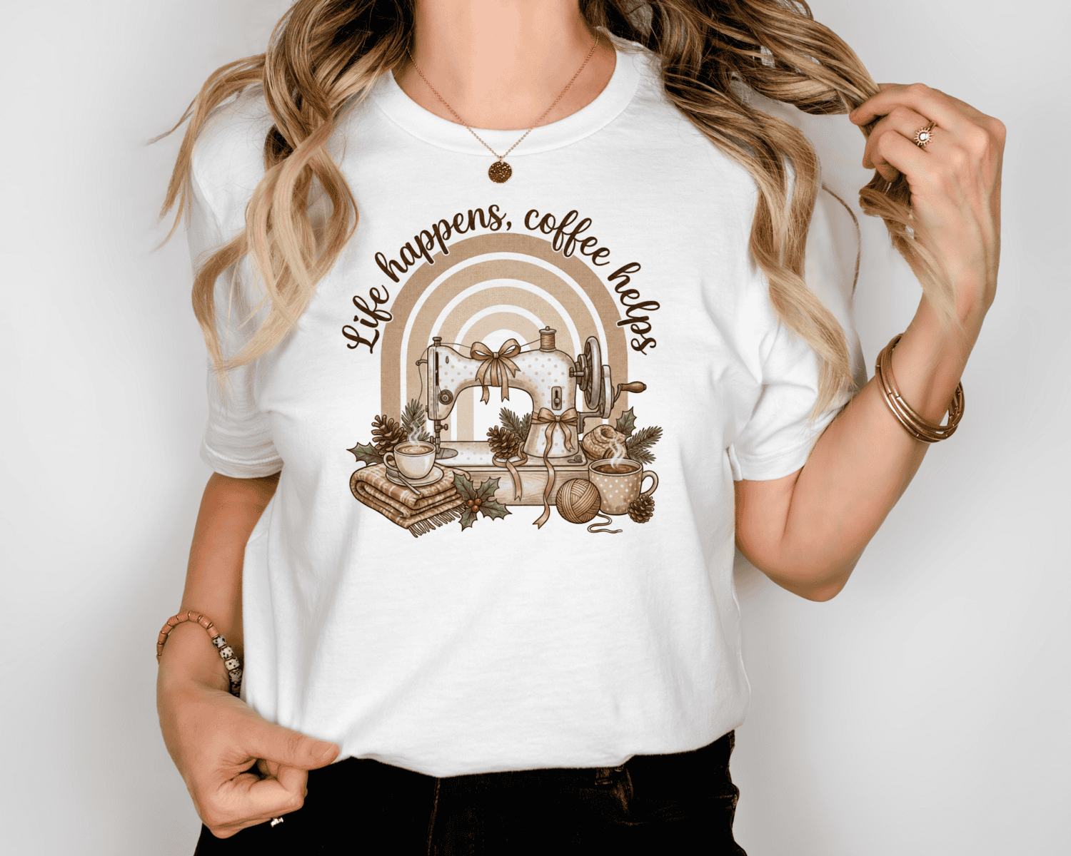 Life Happens Coffee Helps Sewing Machine Shirt – Cozy Sewing & Coffee Bella Canvas 3001 Tee for Sewists and Quilters