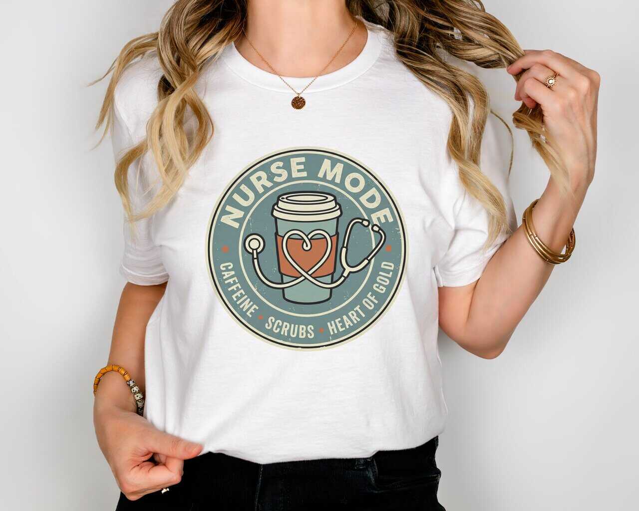 Nurse Mode Bella Canvas 3001 T-Shirt – Caffeine, Scrubs, Heart of Gold Retro Nurse Tee