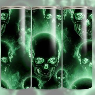 Glowing Green Skulls 20oz Sublimation Tumbler – Neon Smoke Horror Pattern Cup