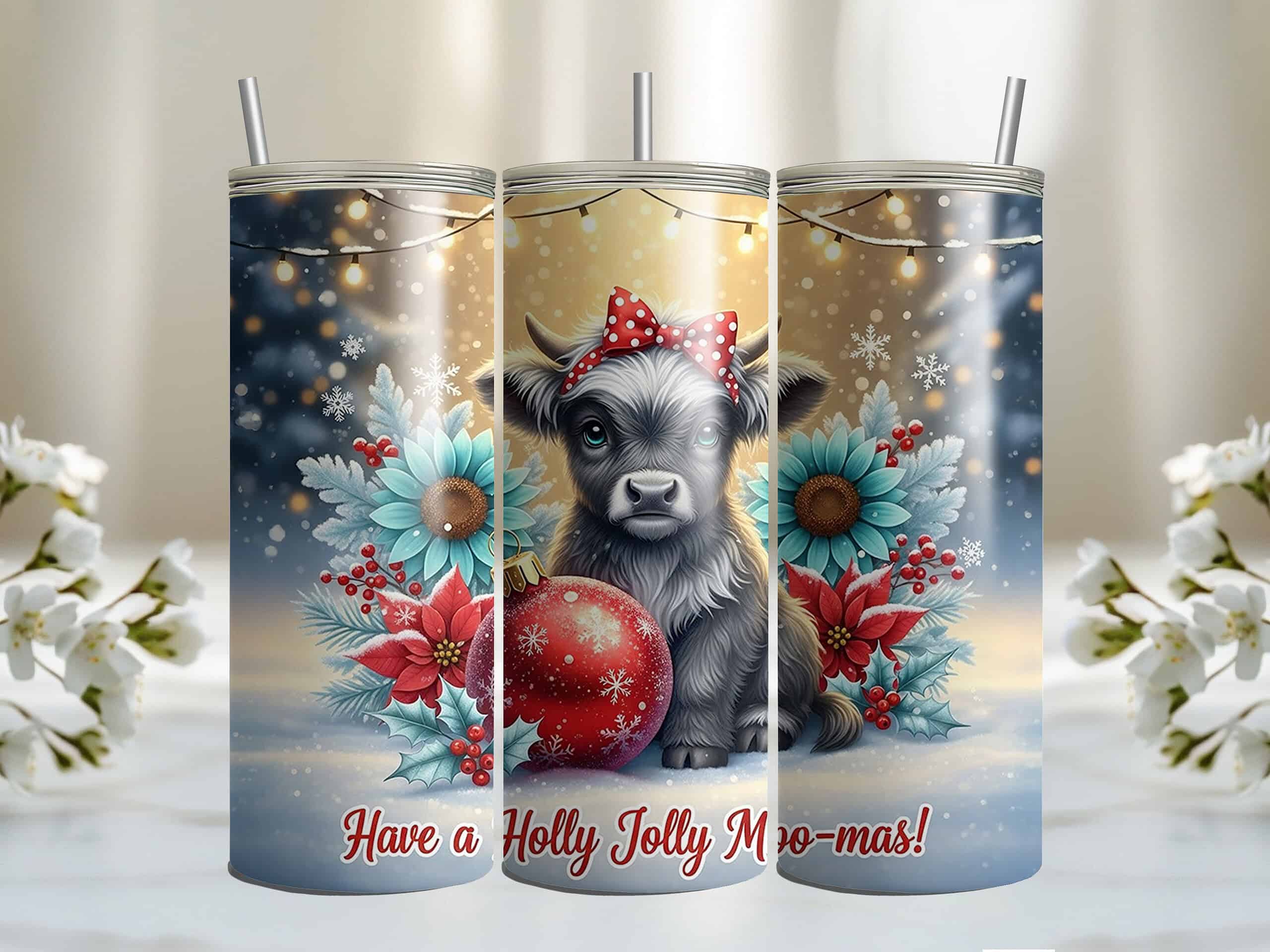 Holly Jolly Moo-mas Christmas Highland Cow 20oz Sublimation Tumbler - Image 5