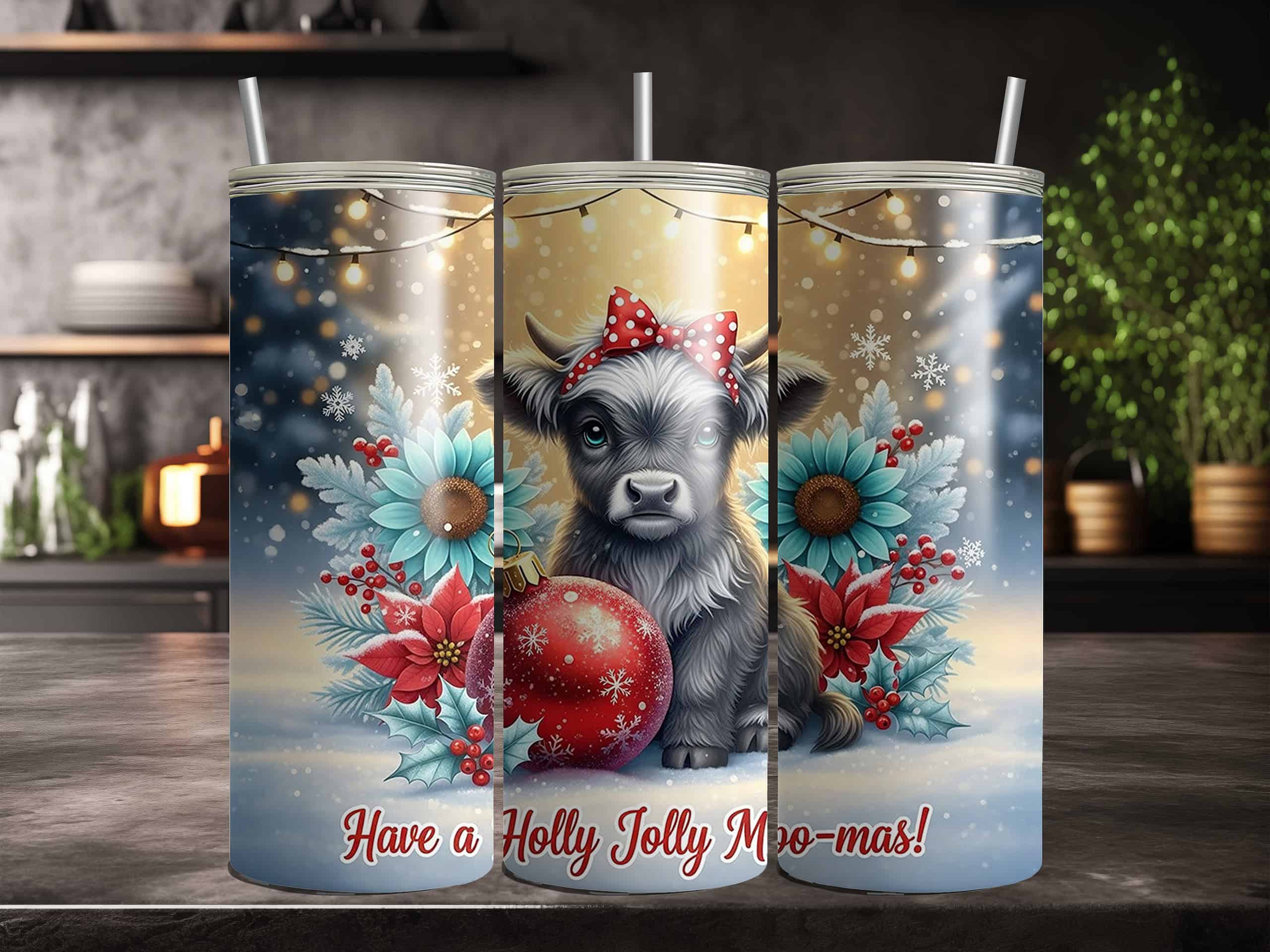 Holly Jolly Moo-mas Christmas Highland Cow 20oz Sublimation Tumbler - Image 6