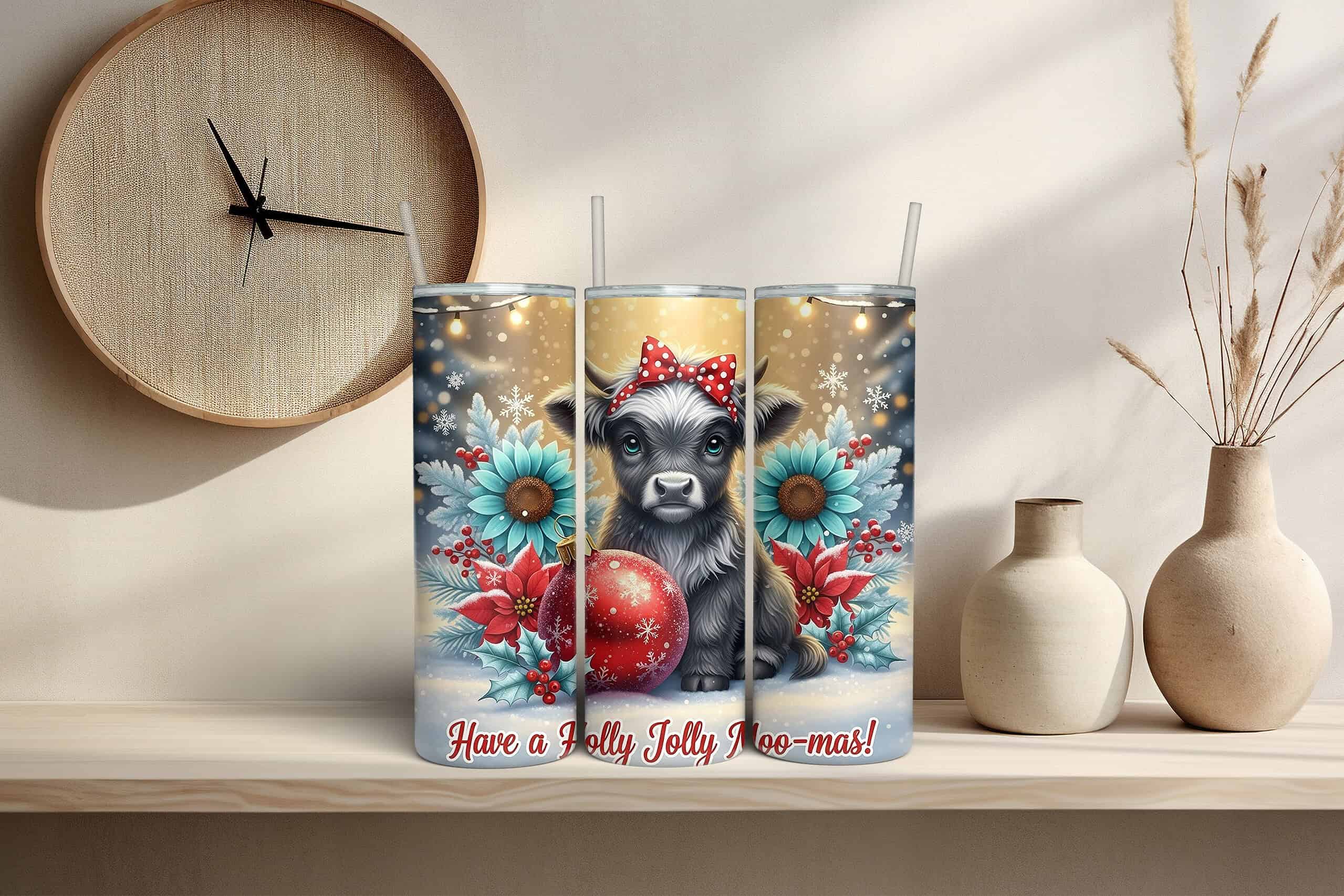 Holly Jolly Moo-mas Christmas Highland Cow 20oz Sublimation Tumbler - Image 2