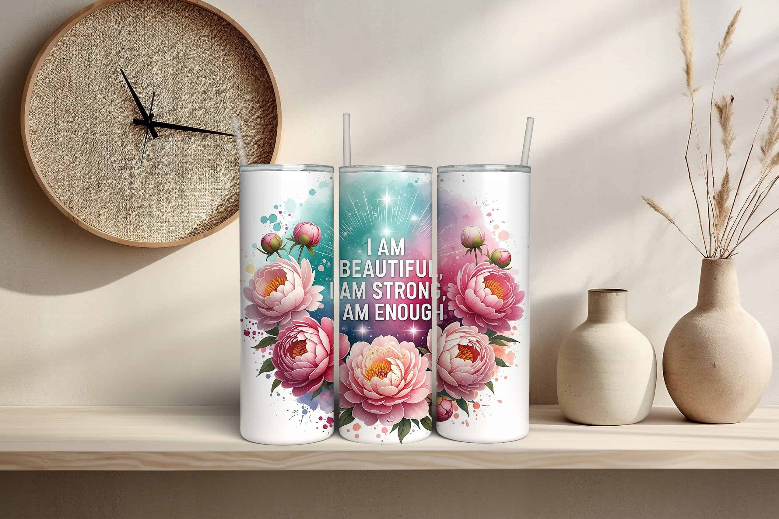 I Am Beautiful I Am Strong I Am Enough 20oz Sublimation Tumbler – Floral Positive Affirmation Cup - Image 2
