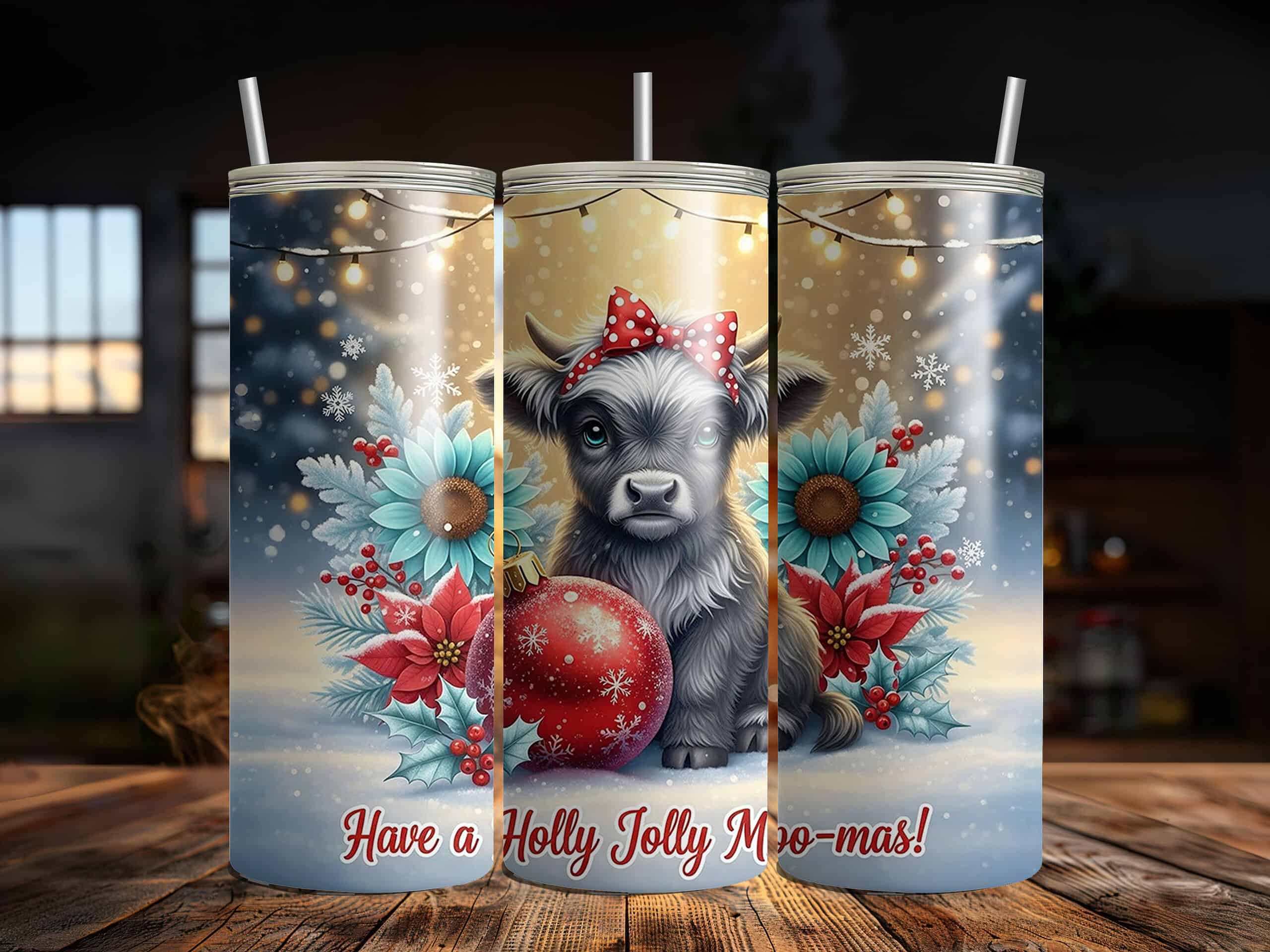 Holly Jolly Moo-mas Christmas Highland Cow 20oz Sublimation Tumbler - Image 3